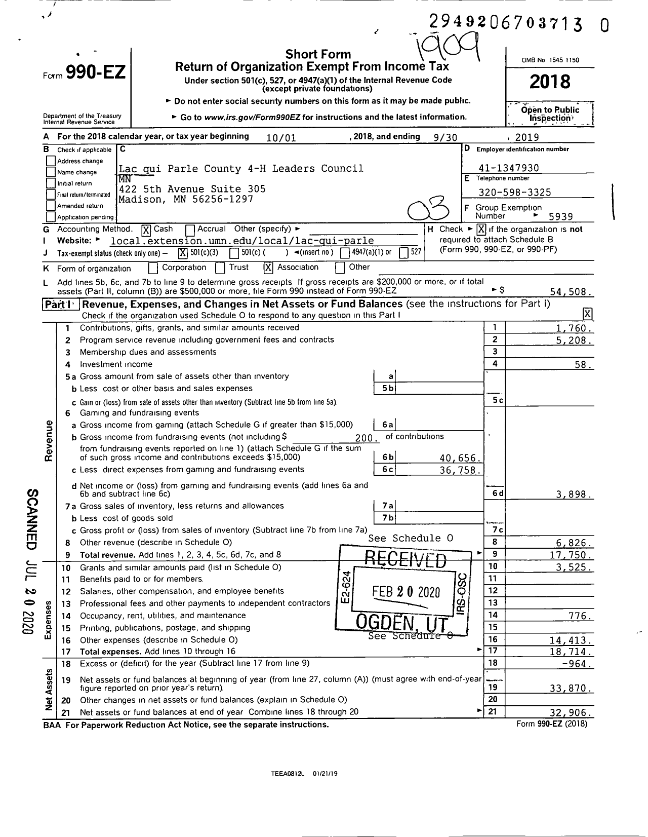 Image of first page of 2018 Form 990EZ for Lac qui Parle County 4-H Leaders Council MN