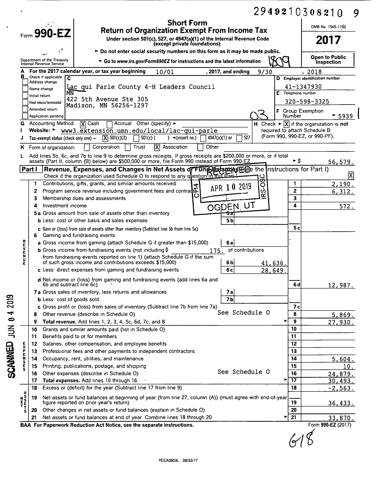 Image of first page of 2017 Form 990EZ for Lac qui Parle County 4-H Leaders Council MN
