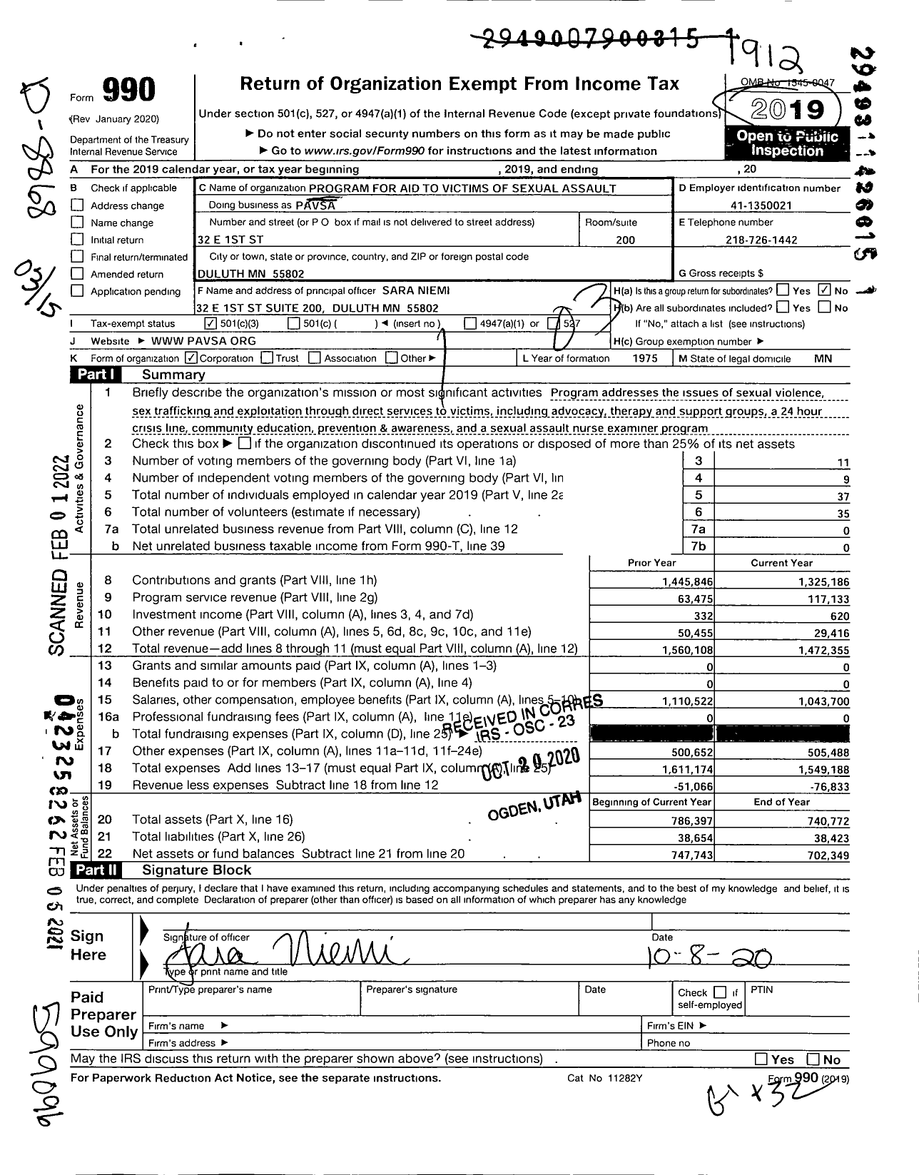 Image of first page of 2019 Form 990 for Program for Aid To Victims of Sexual Assault