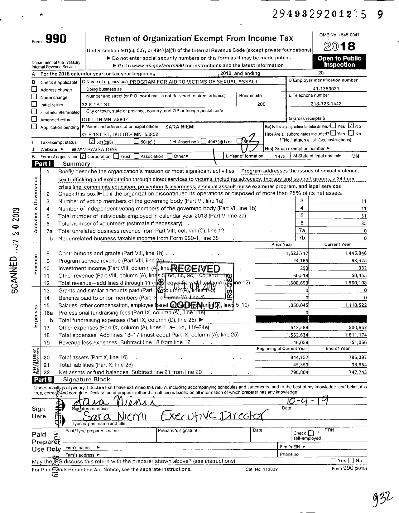 Image of first page of 2018 Form 990 for Program for Aid To Victims of Sexual Assault