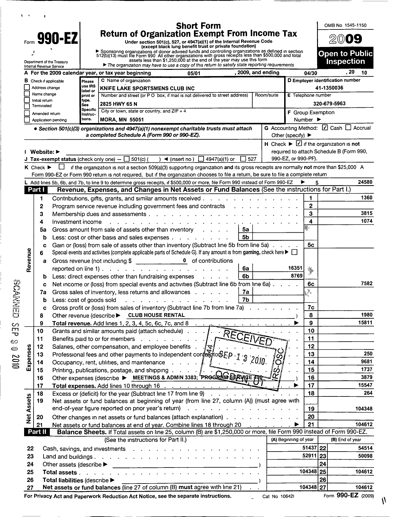 Image of first page of 2009 Form 990EO for Knife Lake Sportsmens Club