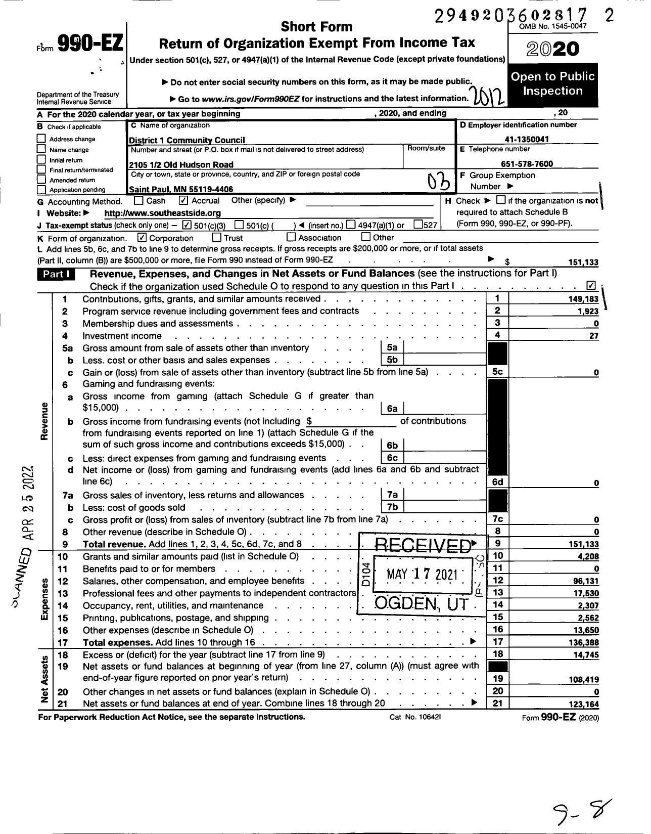 Image of first page of 2020 Form 990EZ for District 1 Community Council