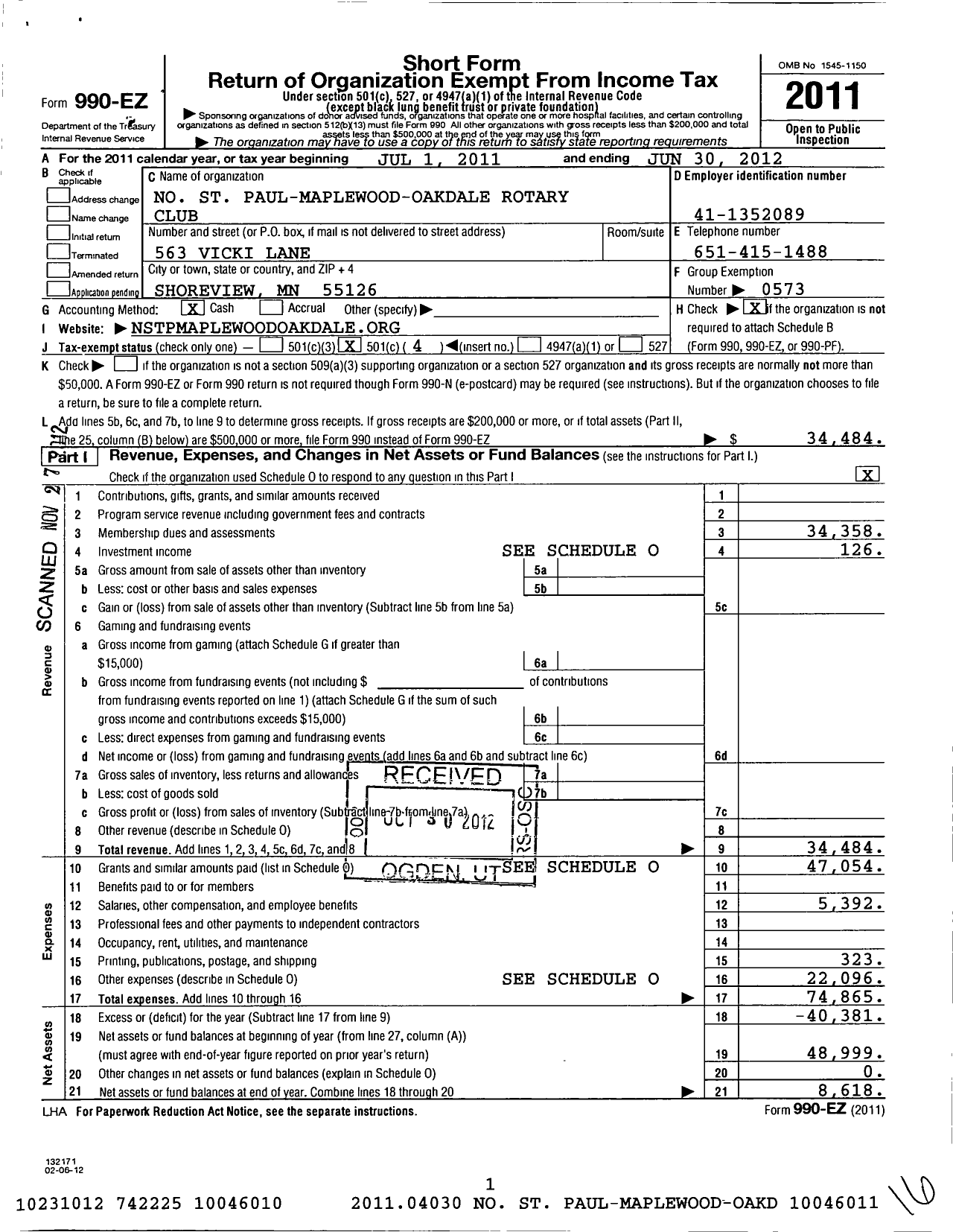 Image of first page of 2011 Form 990EO for Rotary International - N St Paul Maplewood Area