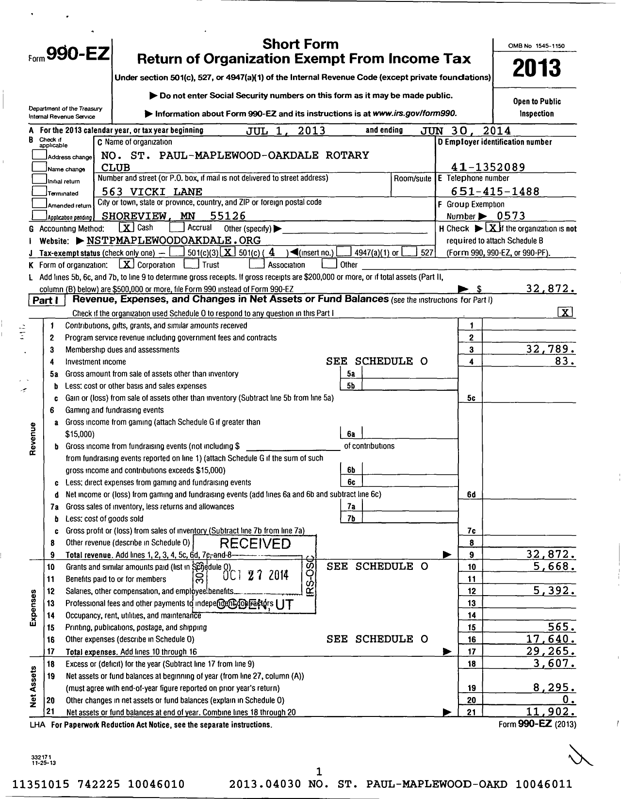 Image of first page of 2013 Form 990EO for Rotary International - N St Paul Maplewood Area