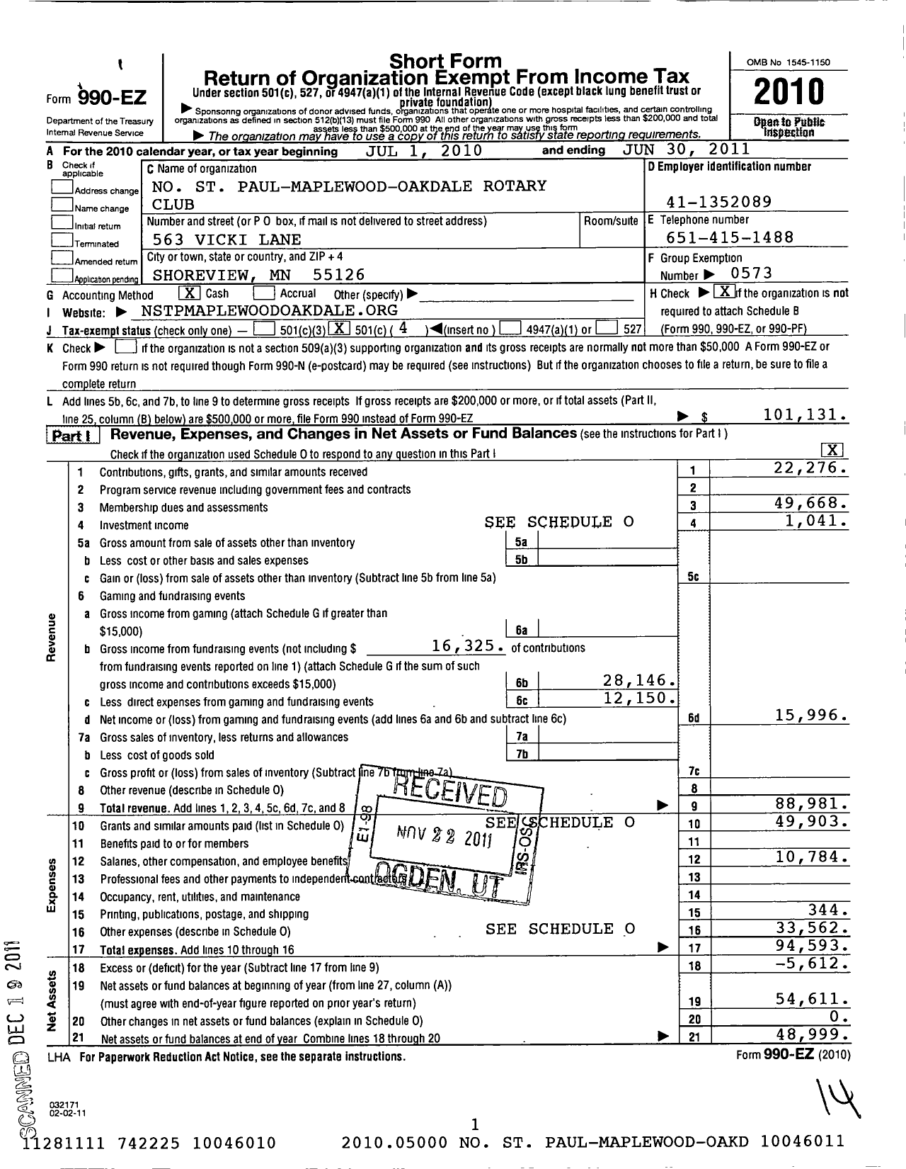 Image of first page of 2010 Form 990EO for Rotary International - N St Paul Maplewood Area