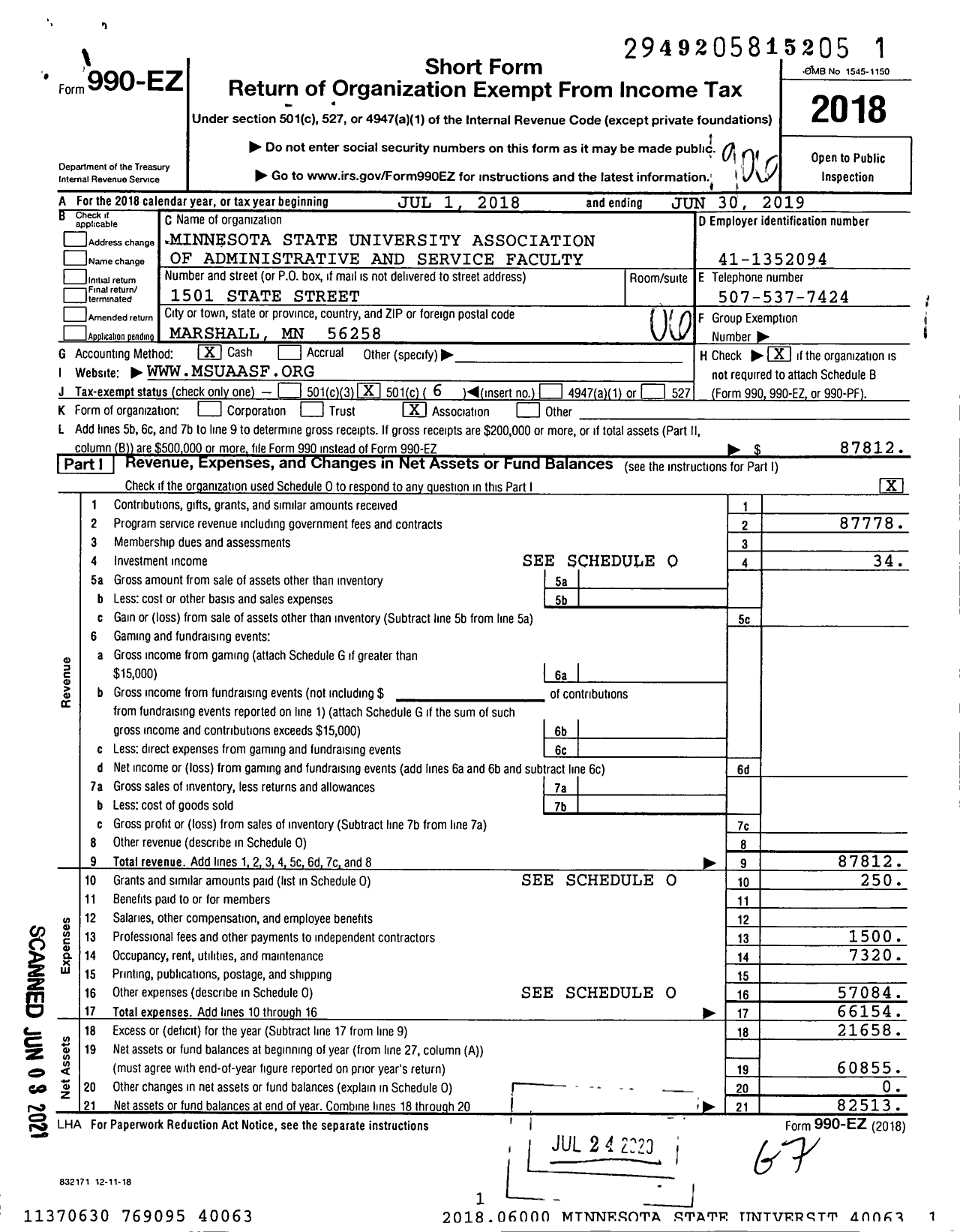 Image of first page of 2018 Form 990EO for Minnesota State University Association of Administrative and Service Faculty