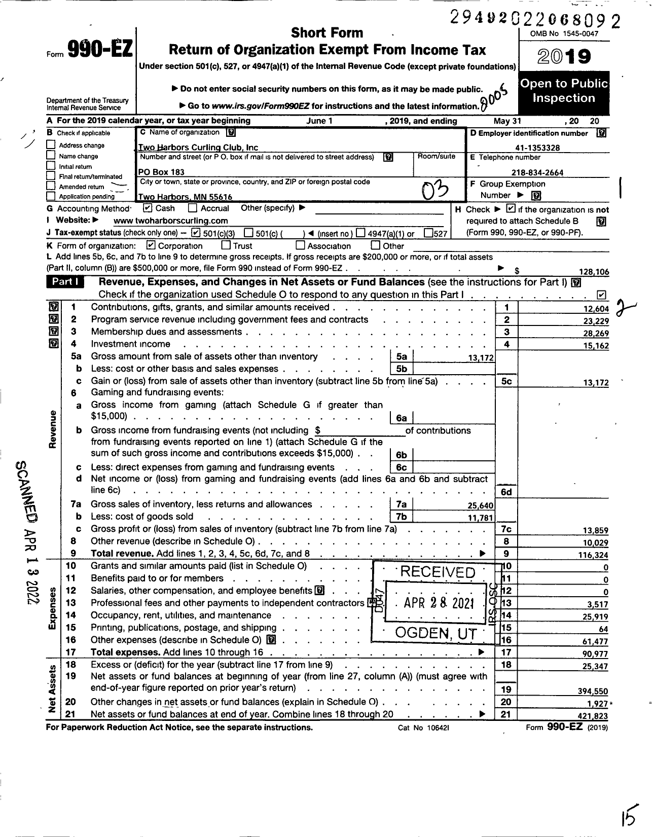 Image of first page of 2019 Form 990EZ for Two Harbors Curling Club