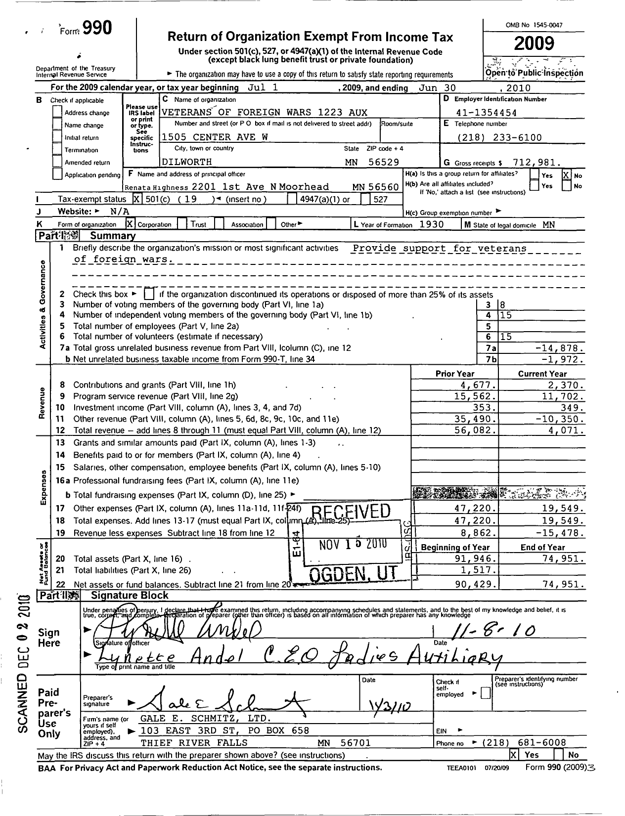 Image of first page of 2009 Form 990O for Auxiliary Department of Minnesota Veterans of Foreign Wars - 1223 Albert E Johnson Auxiliary To Post