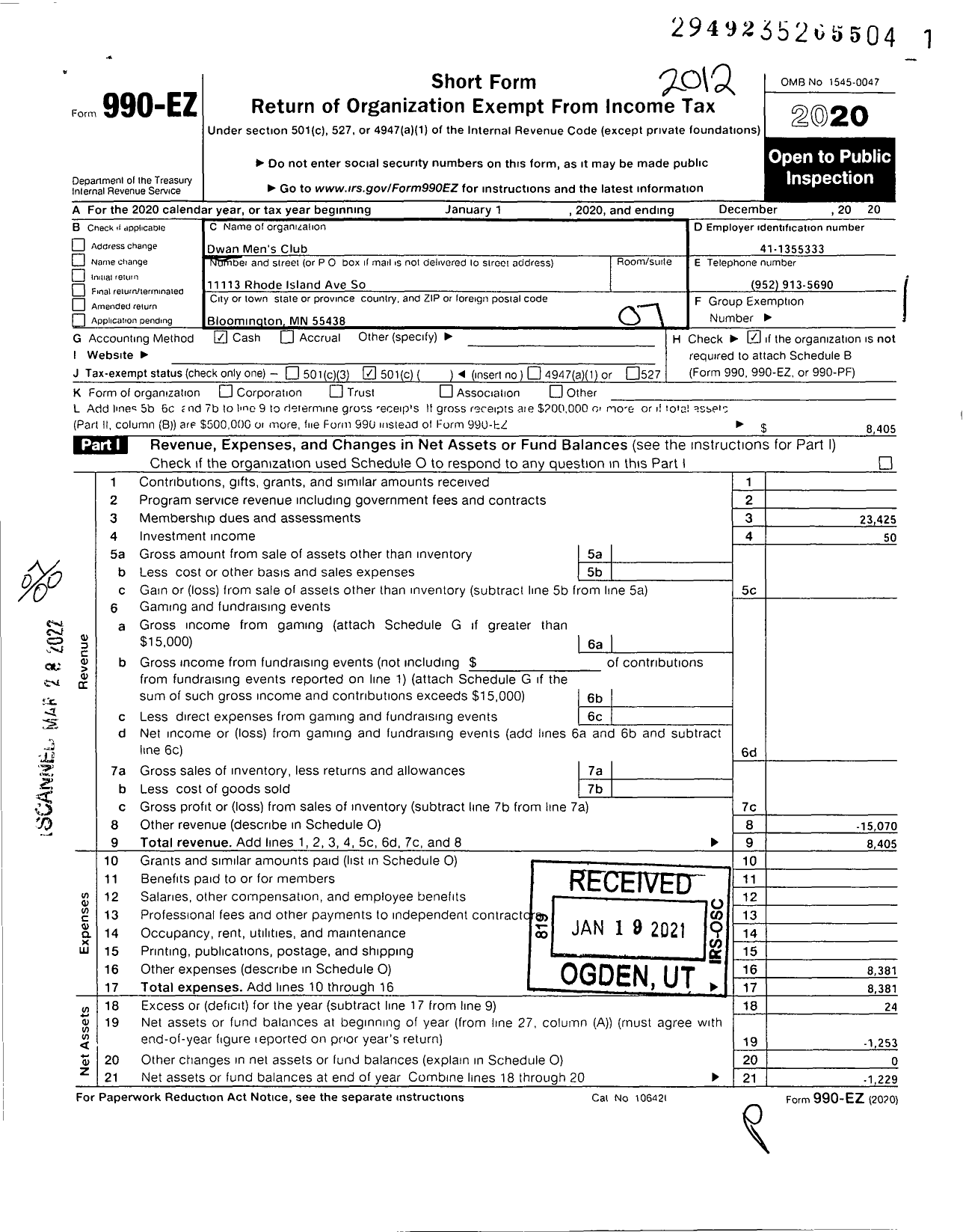 Image of first page of 2020 Form 990EO for Dwan Mens Club