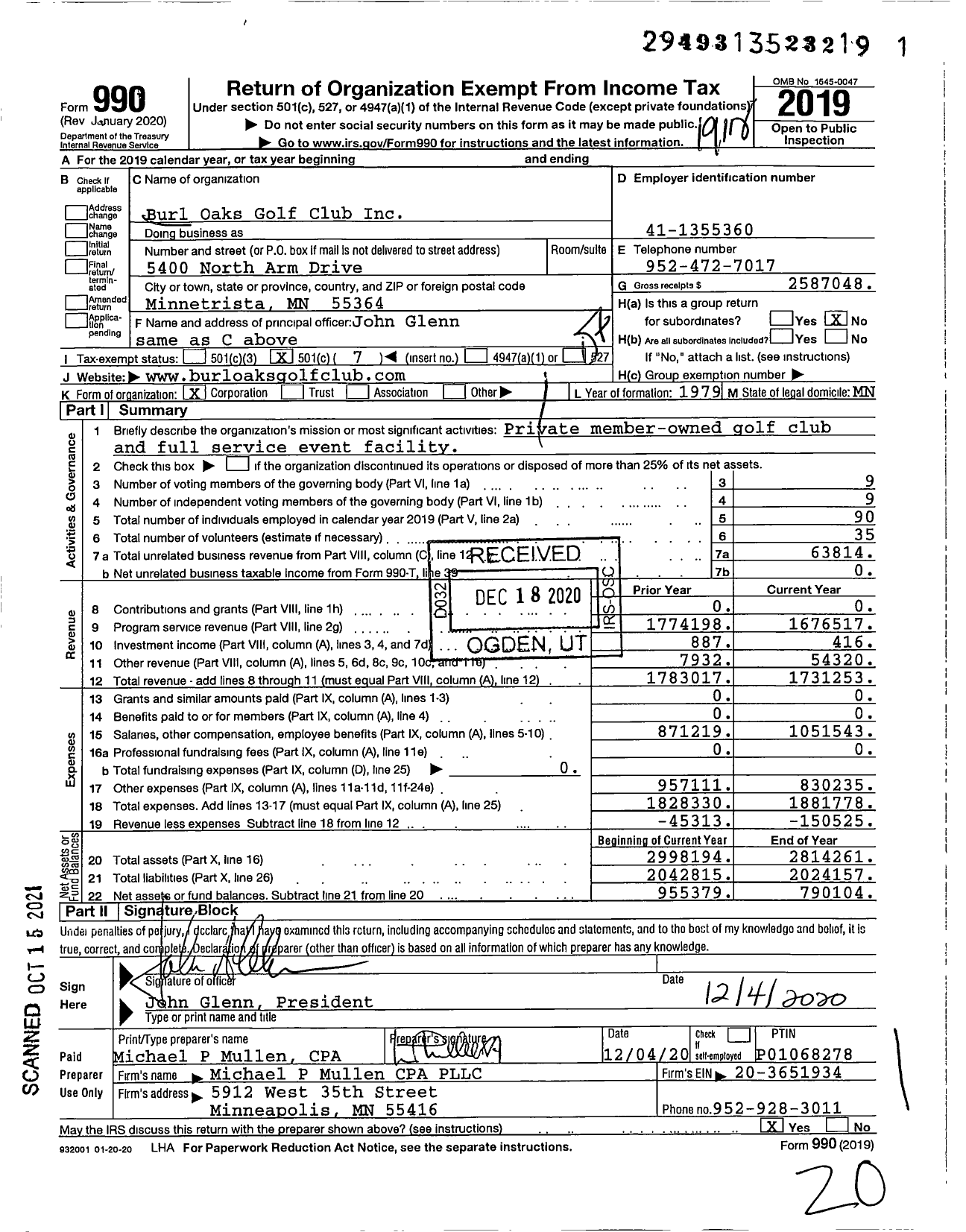 Image of first page of 2019 Form 990O for Burl Oaks Golf Club