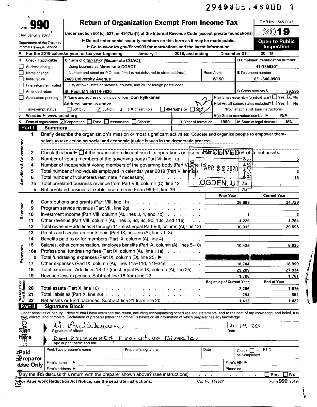 Image of first page of 2019 Form 990 for Minnesota Coact