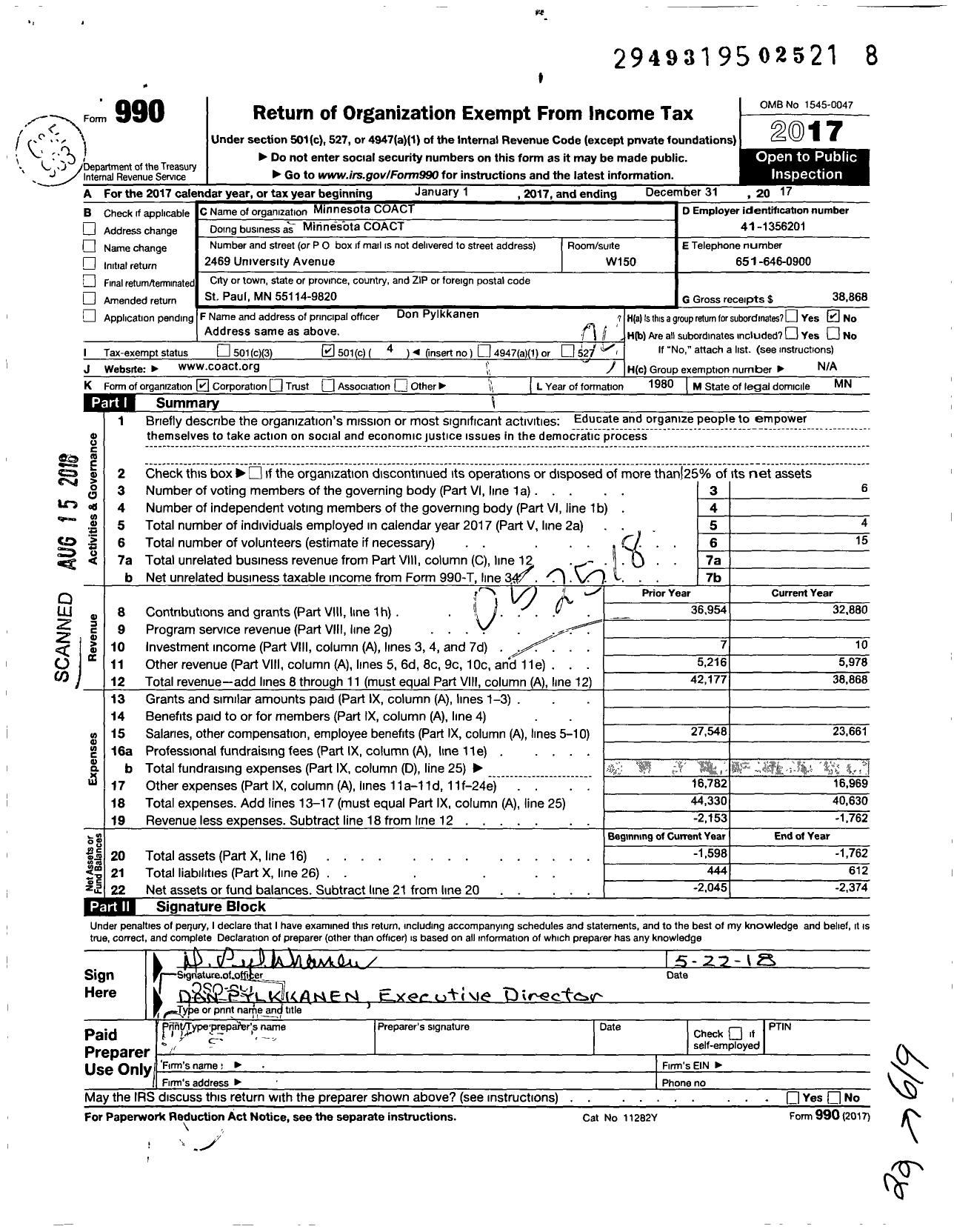 Image of first page of 2017 Form 990O for Minnesota Coact