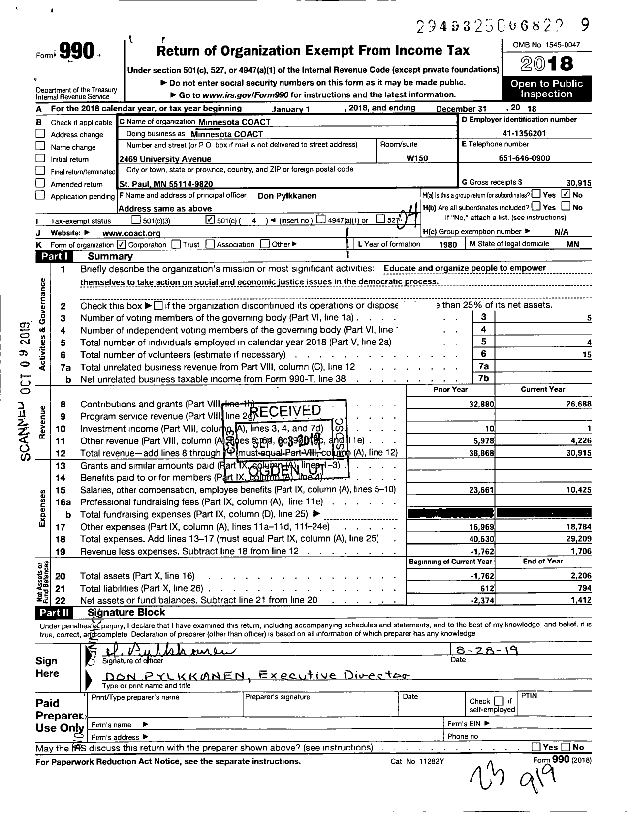 Image of first page of 2018 Form 990O for Minnesota Coact