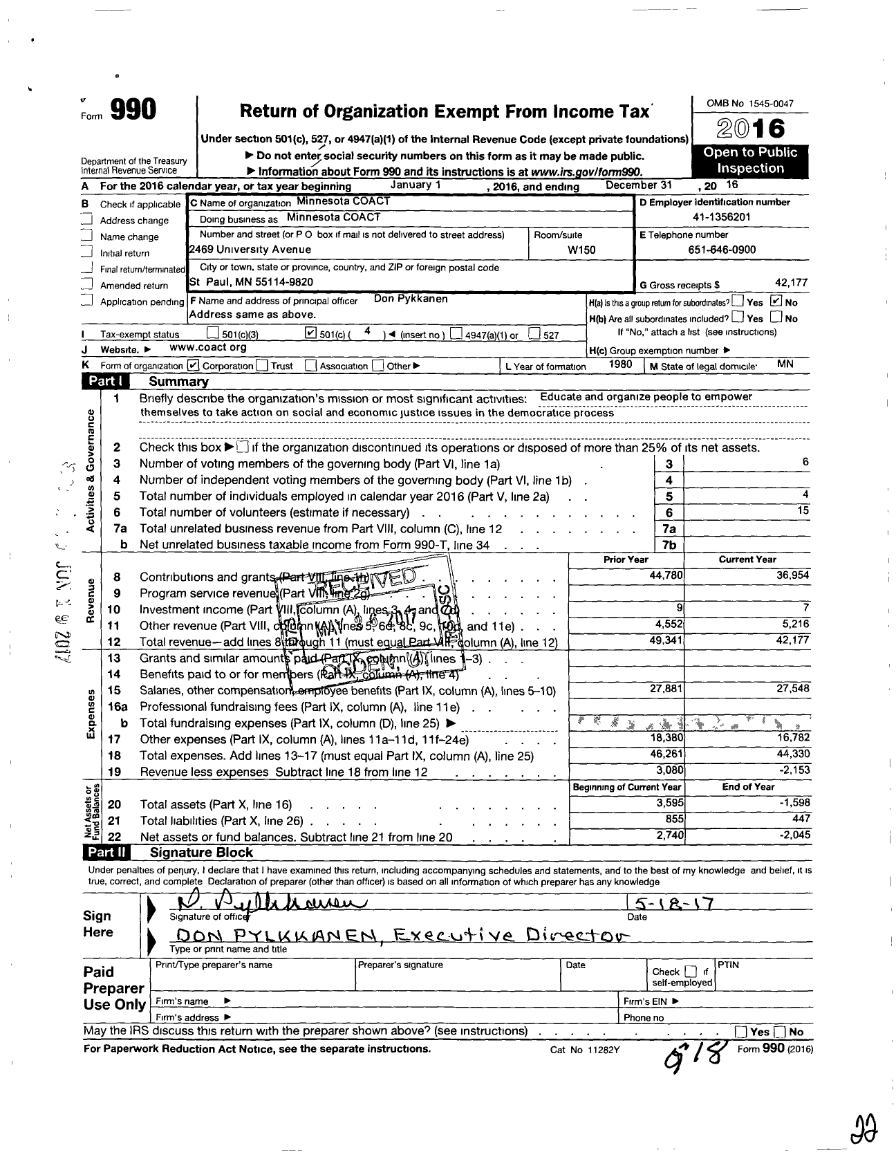 Image of first page of 2016 Form 990O for Minnesota Coact