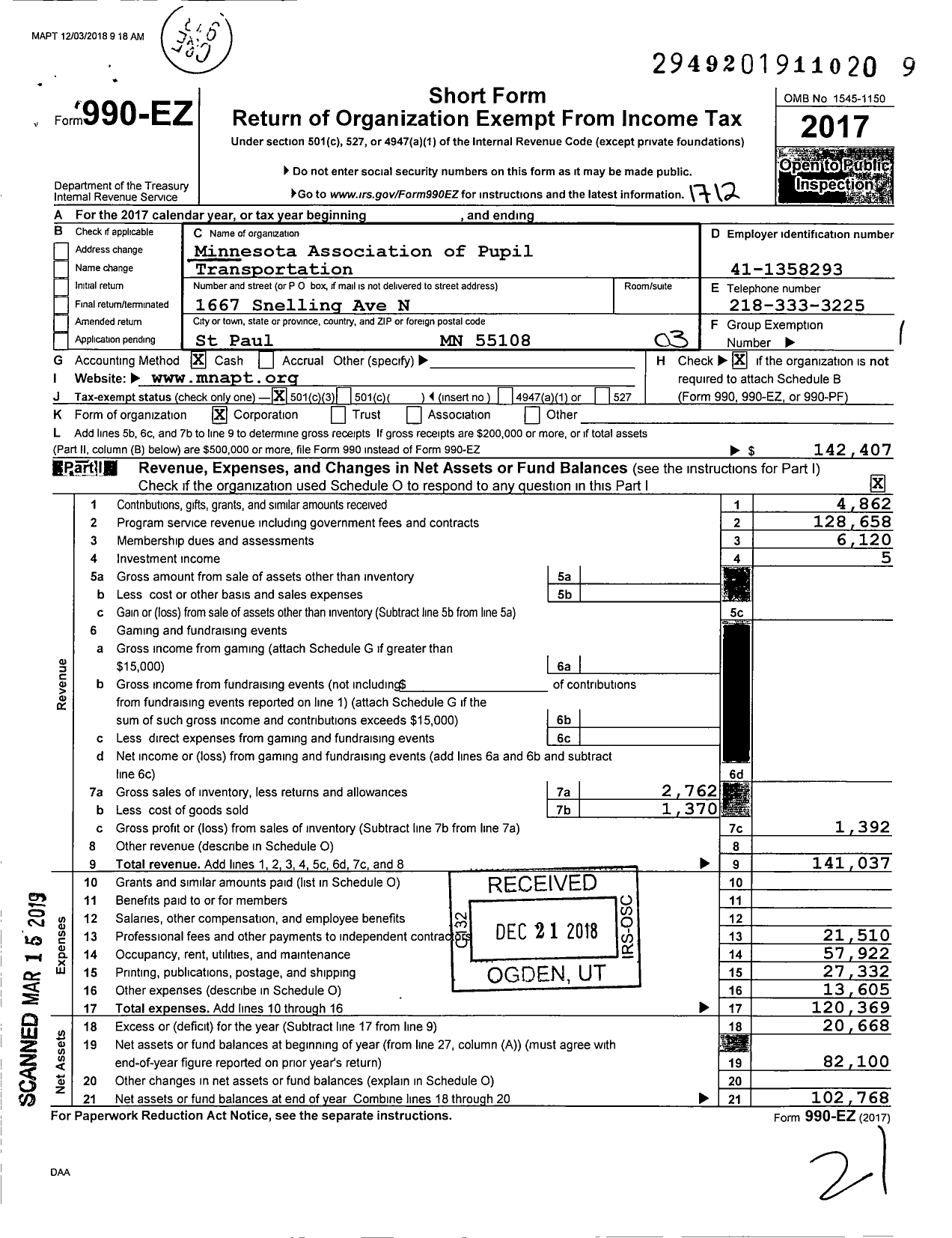 Image of first page of 2017 Form 990EZ for Minnesota Association of Pupil Transportation