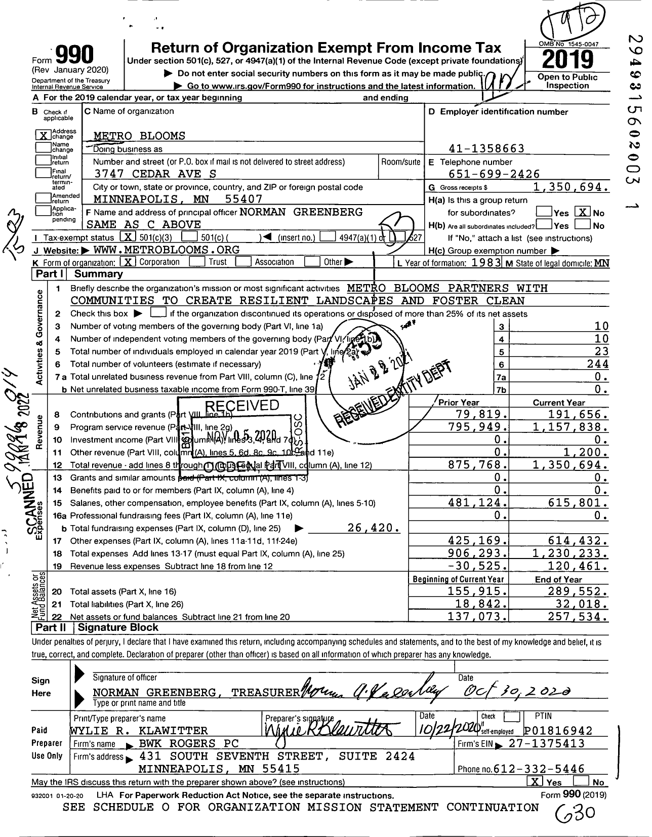 Image of first page of 2019 Form 990 for Metro Blooms