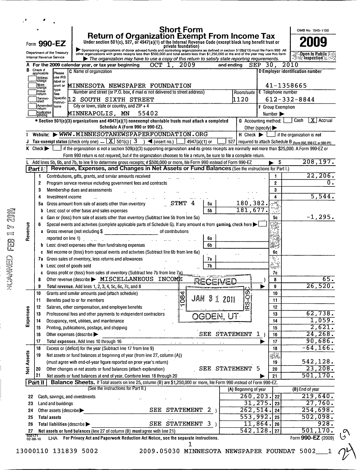 Image of first page of 2009 Form 990EZ for Minnesota Newspaper Foundation