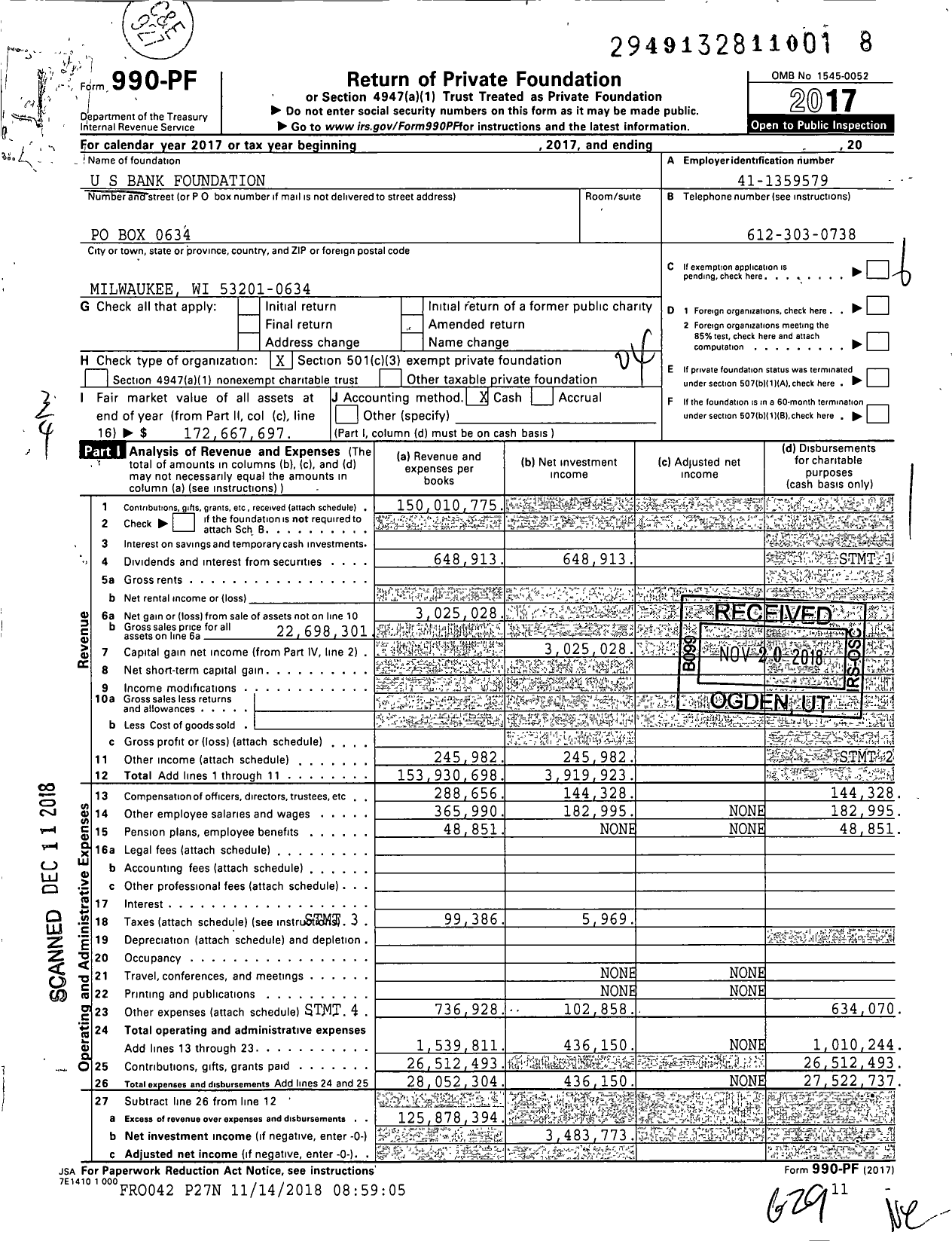 Image of first page of 2017 Form 990PF for U.S. Bank Foundation