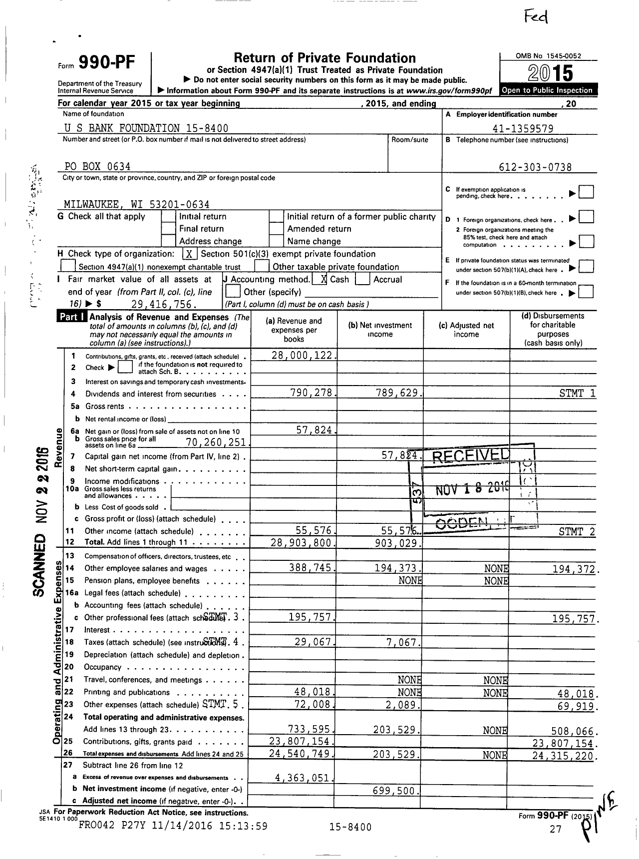 Image of first page of 2015 Form 990PF for U.S. Bank Foundation