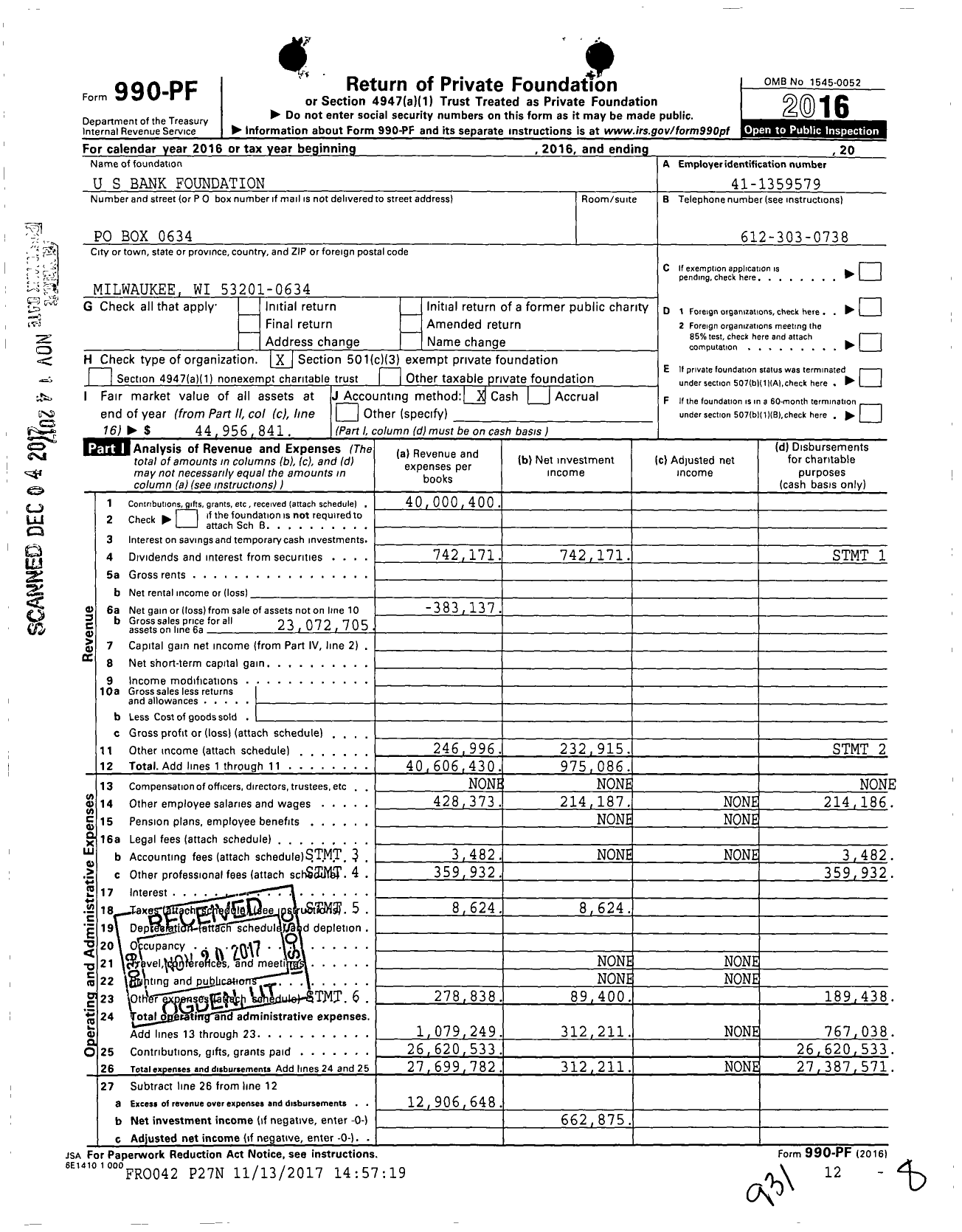 Image of first page of 2016 Form 990PF for U.S. Bank Foundation