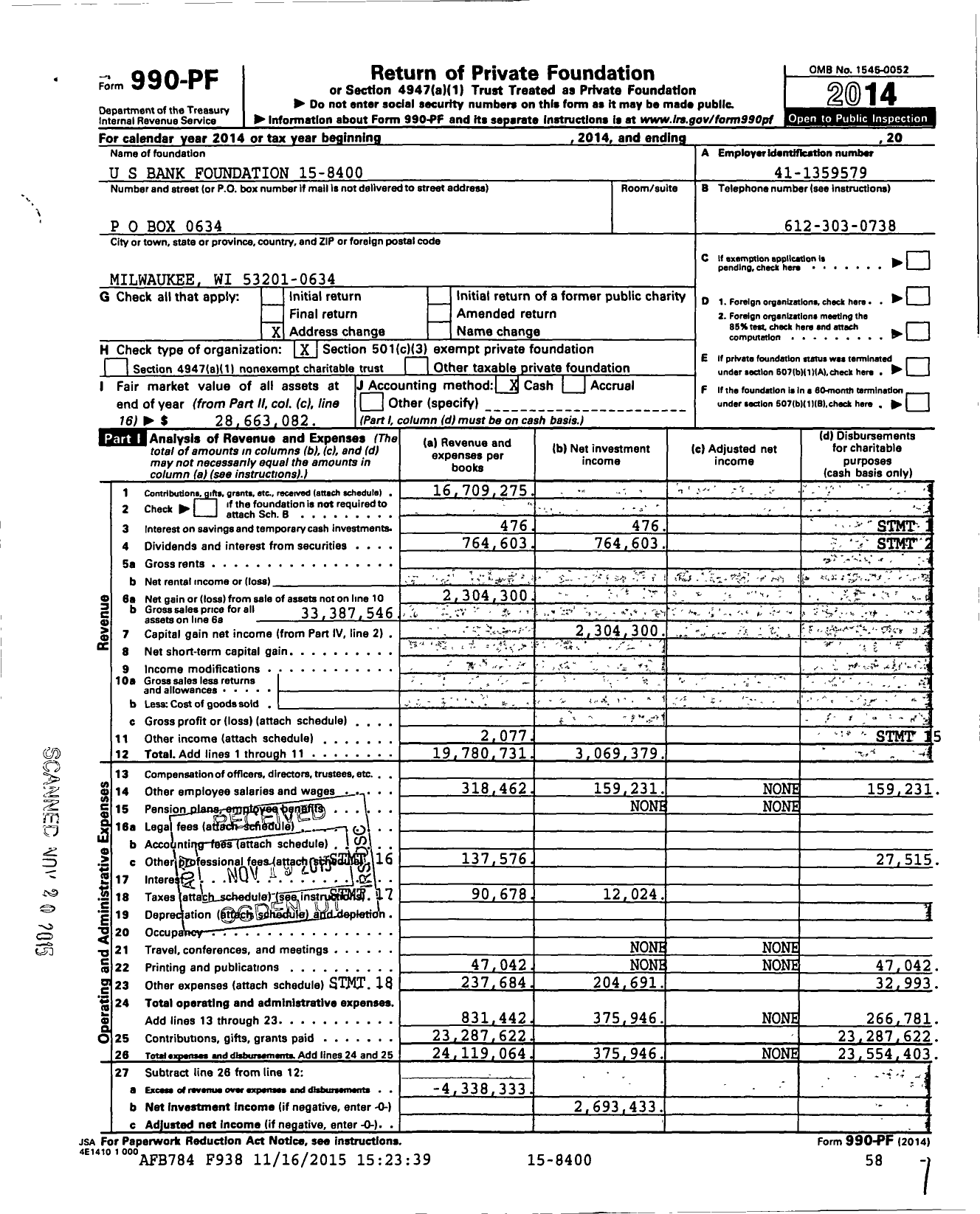 Image of first page of 2014 Form 990PF for U.S. Bank Foundation