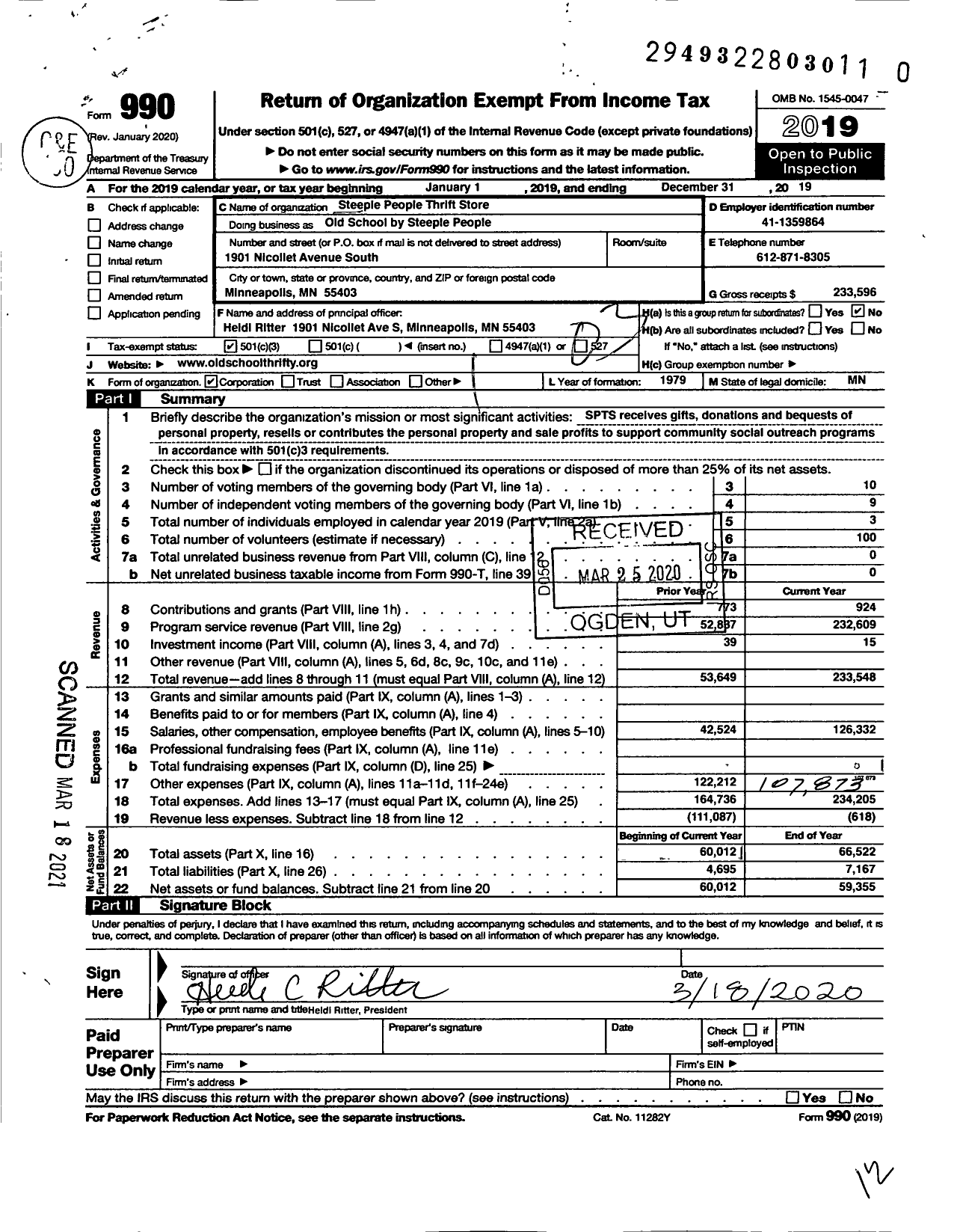 Image of first page of 2019 Form 990 for Steeple People Thrift Store Old School by Steeple People