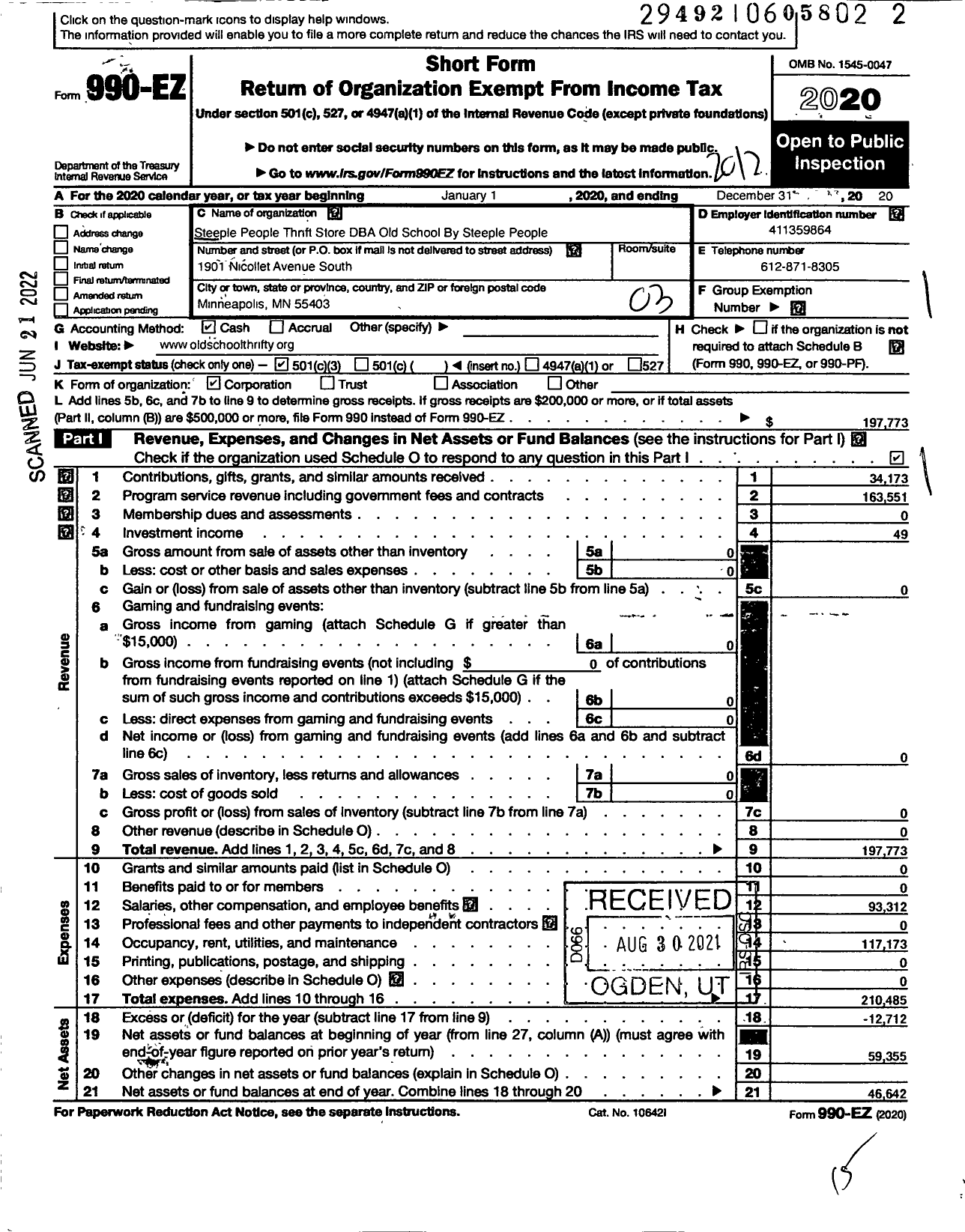 Image of first page of 2020 Form 990EZ for Steeple People Thrift Store Old School by Steeple People