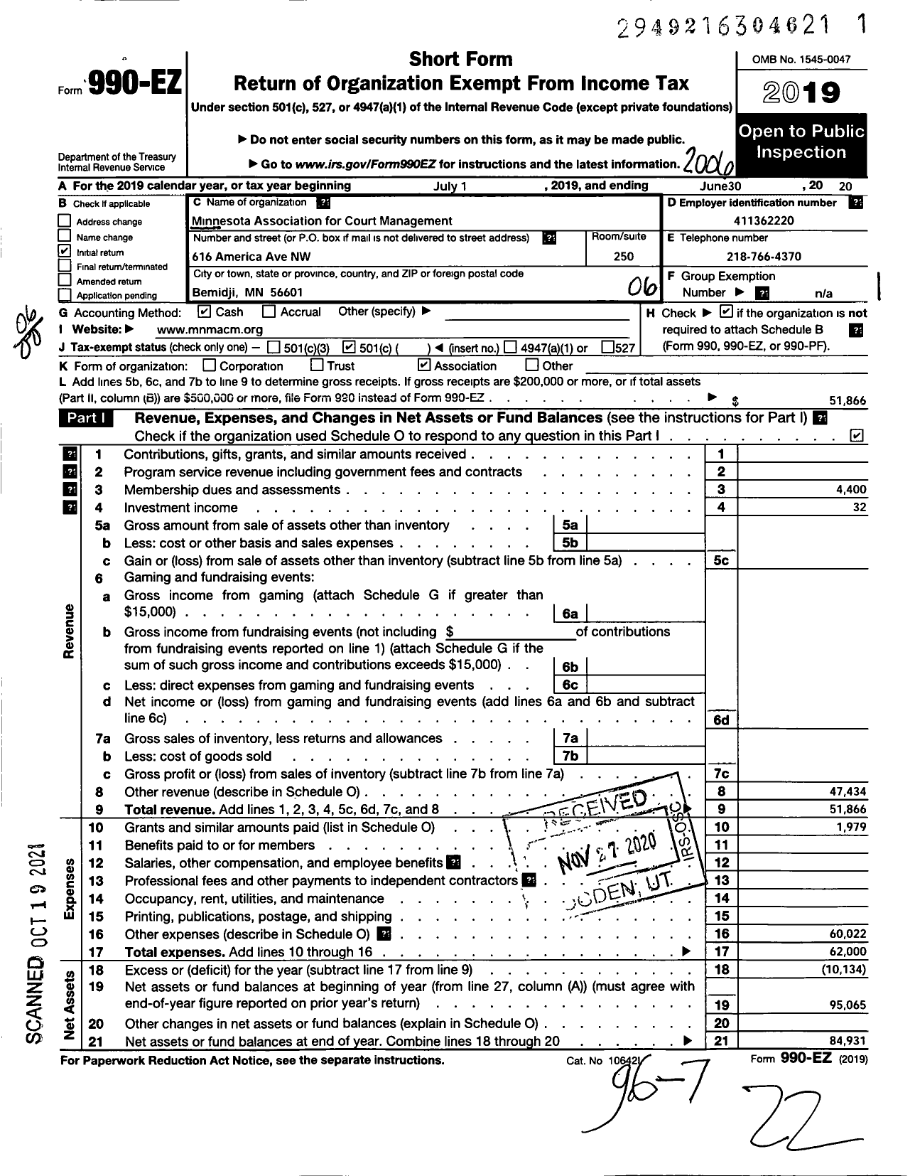 Image of first page of 2019 Form 990EO for Minnesota Association for Court Administration