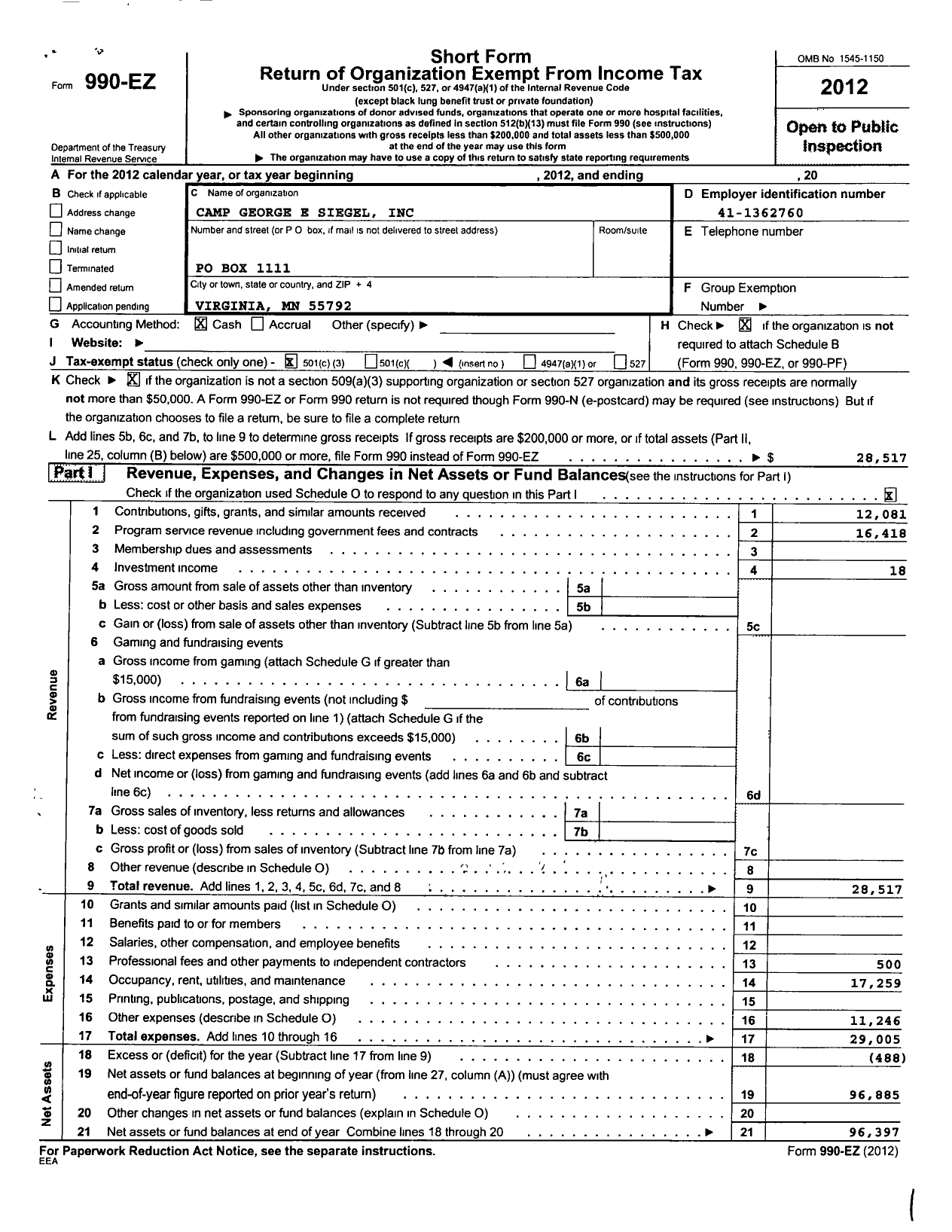 Image of first page of 2012 Form 990EZ for Camp George E Sigel