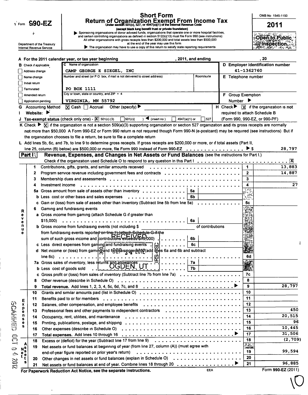 Image of first page of 2011 Form 990EZ for Camp George E Sigel