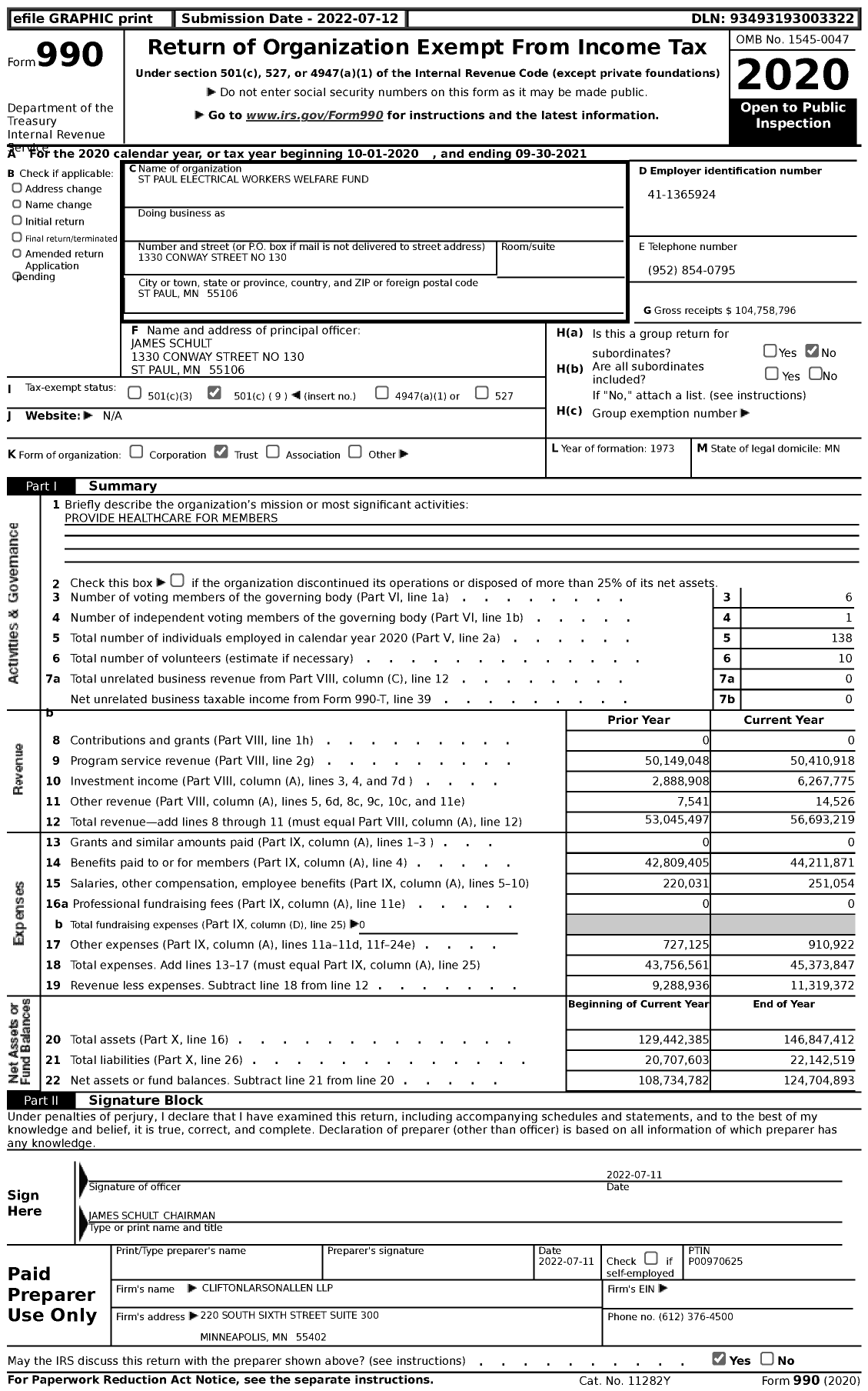 Image of first page of 2020 Form 990 for St Paul Electrical Workers Welfare Fund