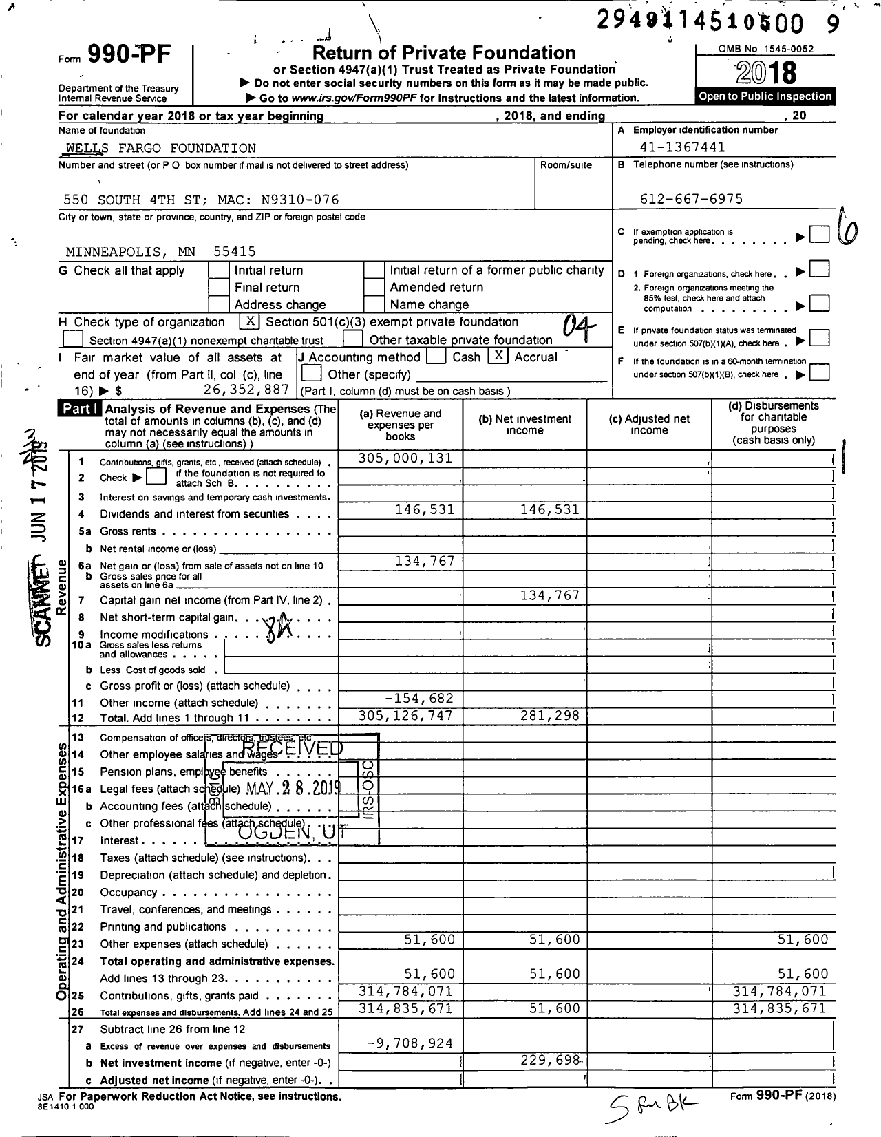 Image of first page of 2018 Form 990PF for Wells Fargo Foundation