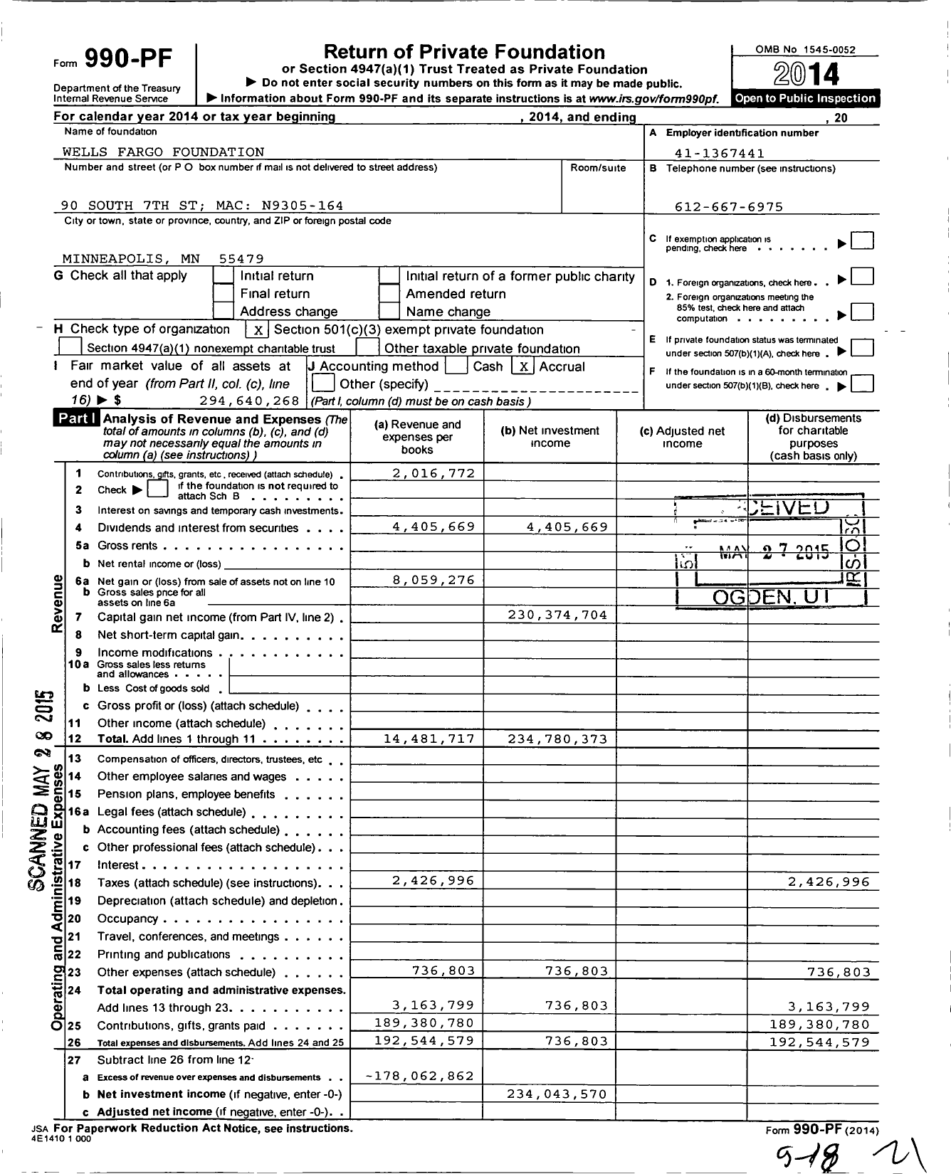 Image of first page of 2014 Form 990PF for Wells Fargo Foundation