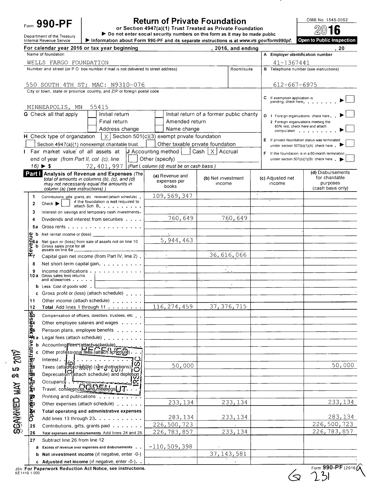 Image of first page of 2016 Form 990PF for Wells Fargo Foundation