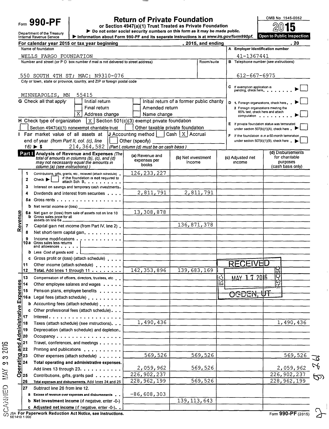 Image of first page of 2015 Form 990PF for Wells Fargo Foundation