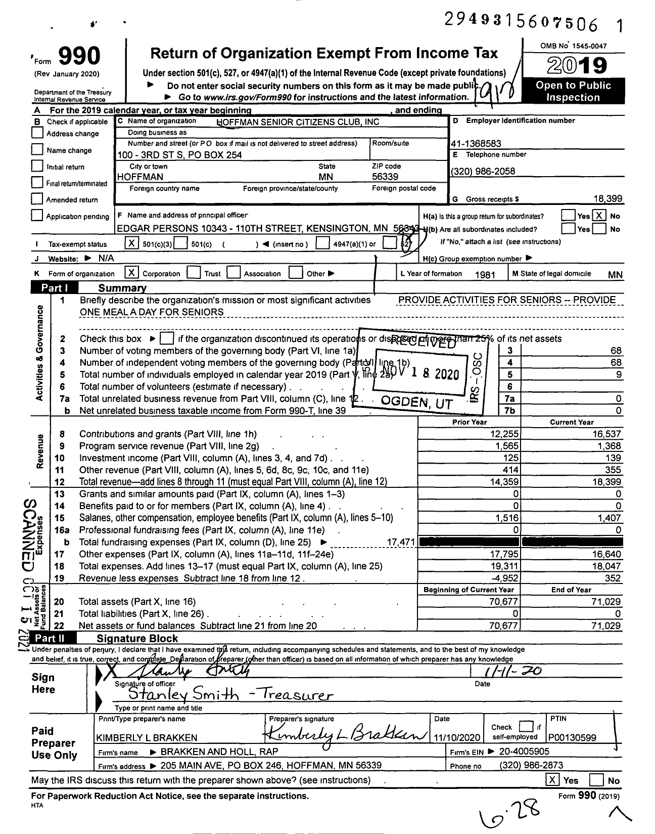 Image of first page of 2019 Form 990 for Hoffman Senior Citizens Club