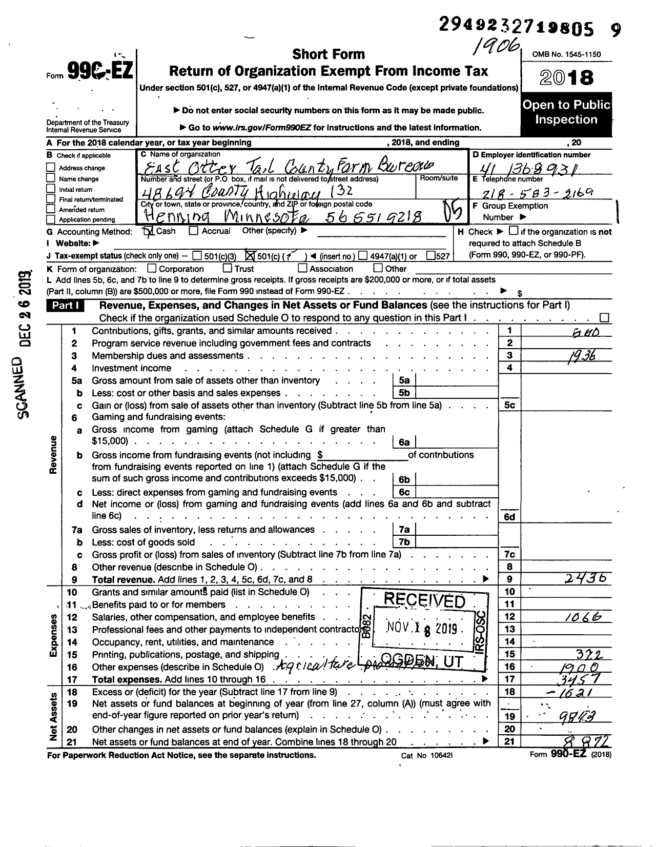 Image of first page of 2018 Form 990EO for East Ottertail County Farm Bureau Association