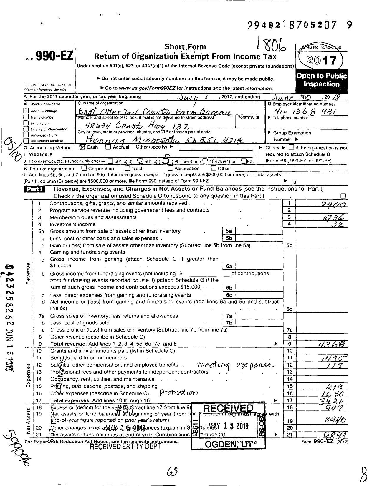 Image of first page of 2017 Form 990EO for East Ottertail County Farm Bureau Association