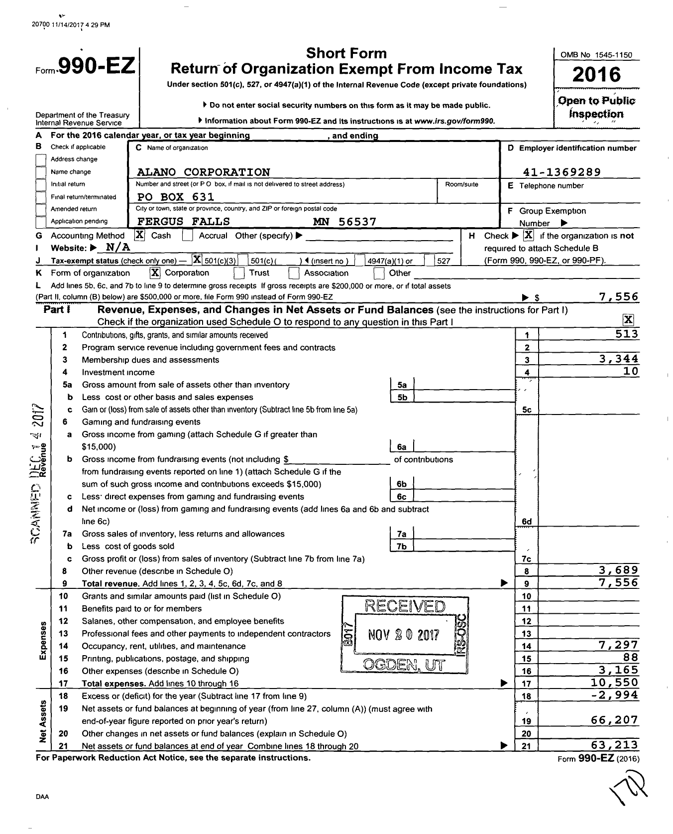 Image of first page of 2016 Form 990EZ for Alano Corporation