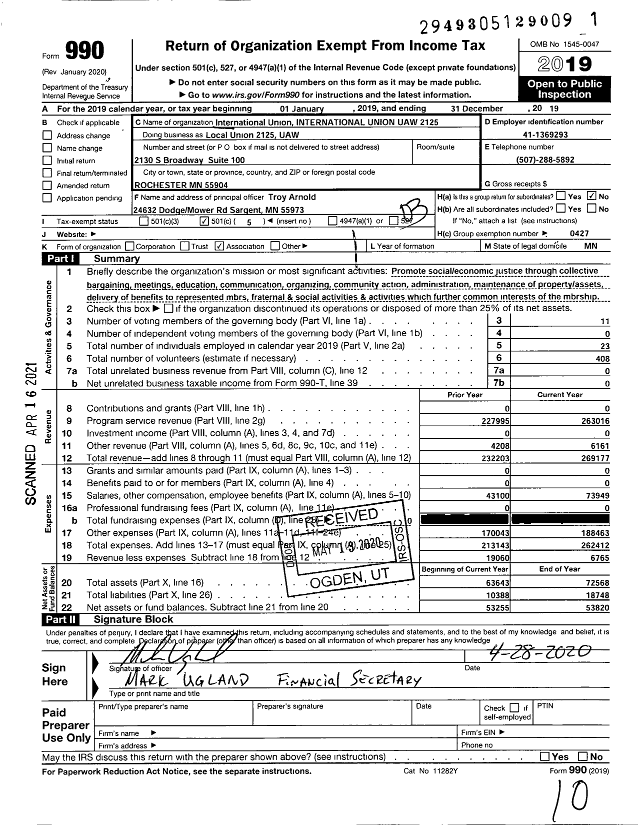 Image of first page of 2019 Form 990 for International Union International Union UAW 2125