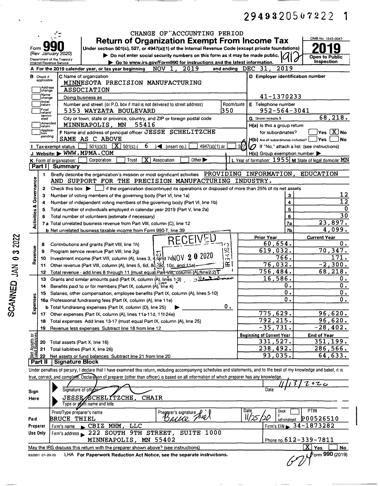 Image of first page of 2019 Form 990O for Minnesota Precision Manufacturing Association