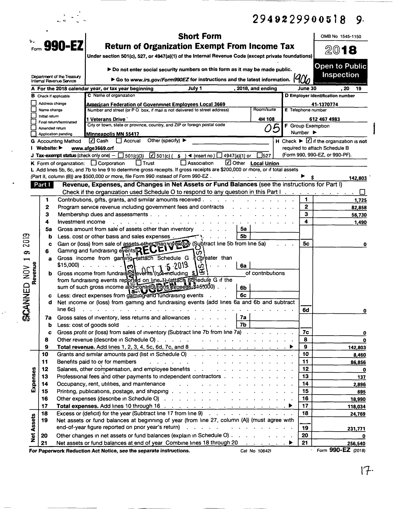 Image of first page of 2018 Form 990EO for American Federation of Government Employees - 3669 Afge Va Local