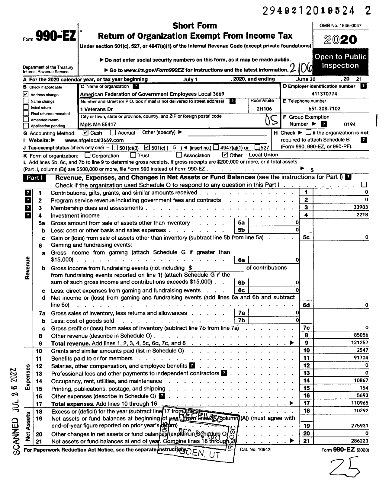 Image of first page of 2020 Form 990EO for American Federation of Government Employees - 3669 Afge Va Local