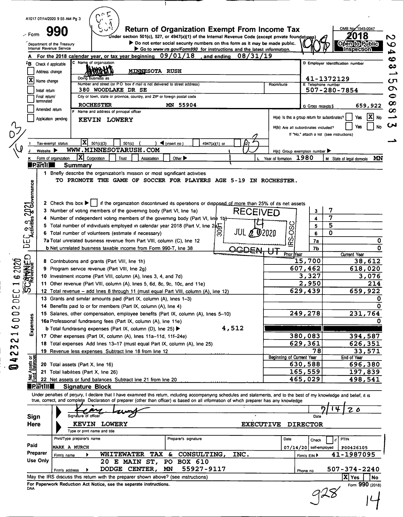 Image of first page of 2018 Form 990 for Minnesota Rush
