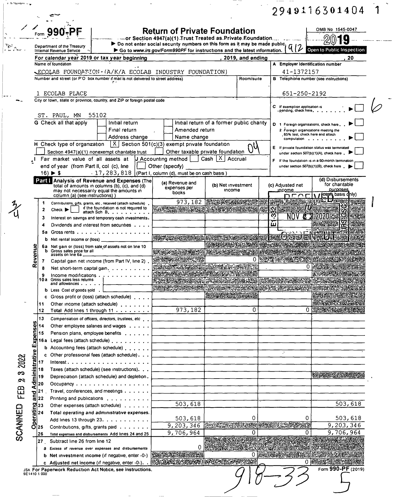 Image of first page of 2019 Form 990PF for Ecolab Foundation