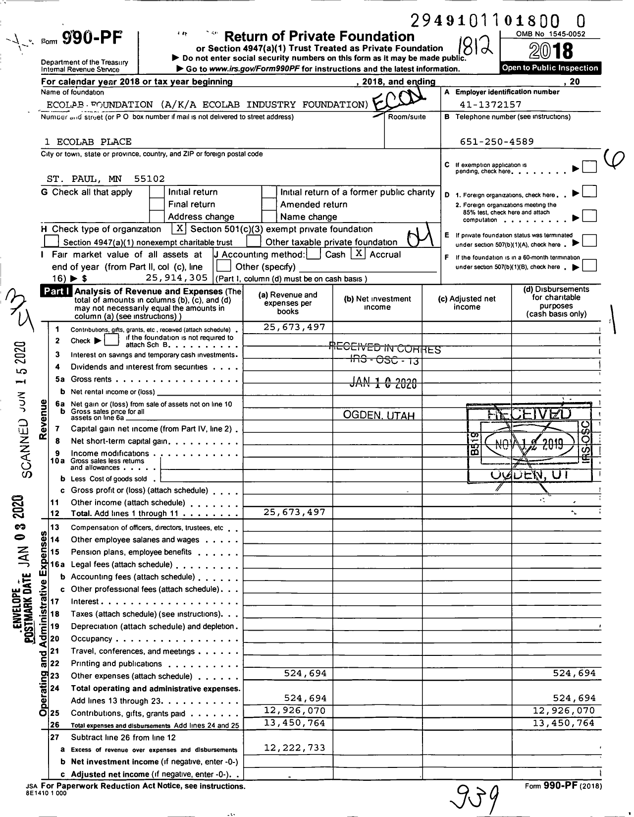 Image of first page of 2018 Form 990PR for Ecolab Foundation
