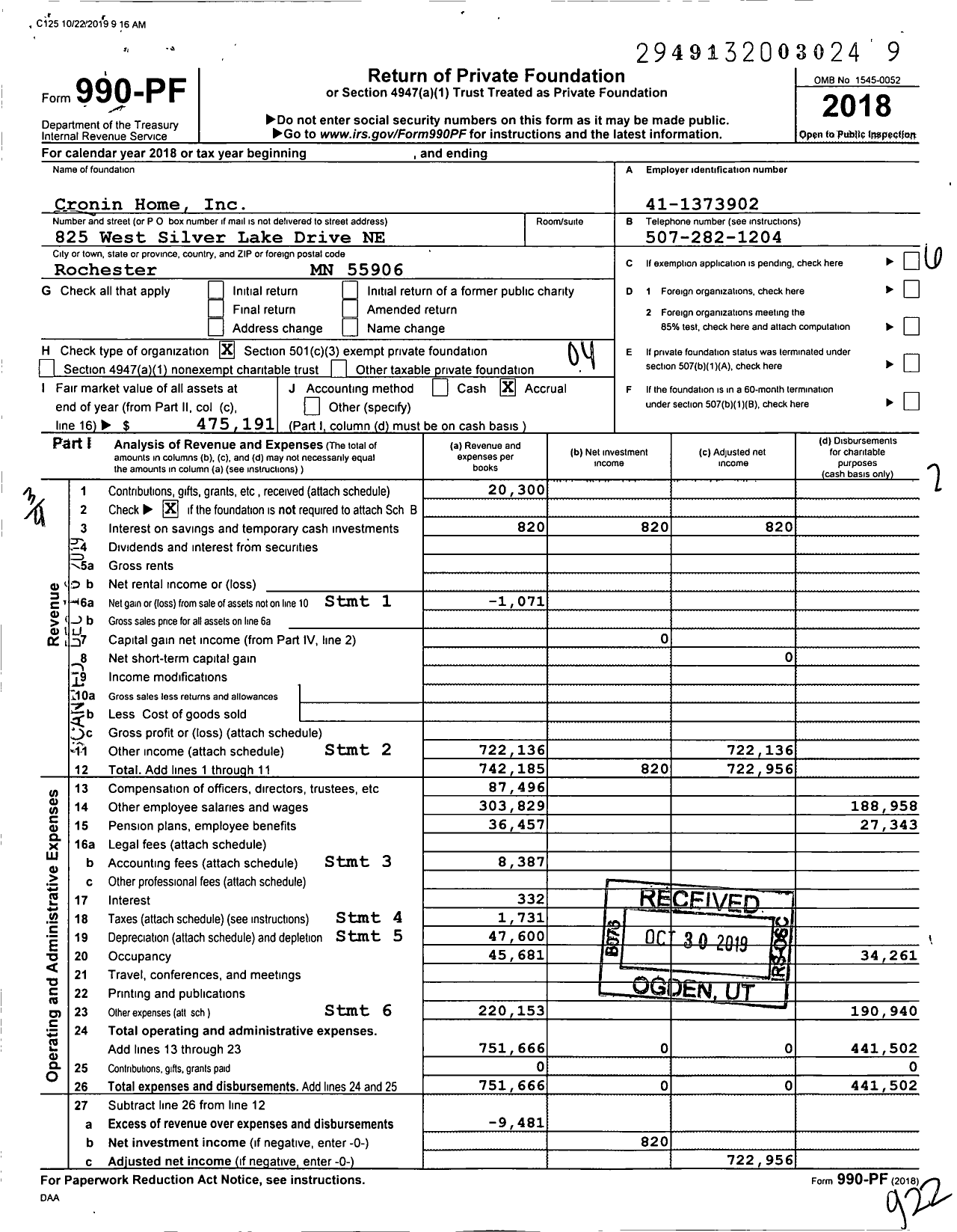 Image of first page of 2018 Form 990PF for Cronin Homes