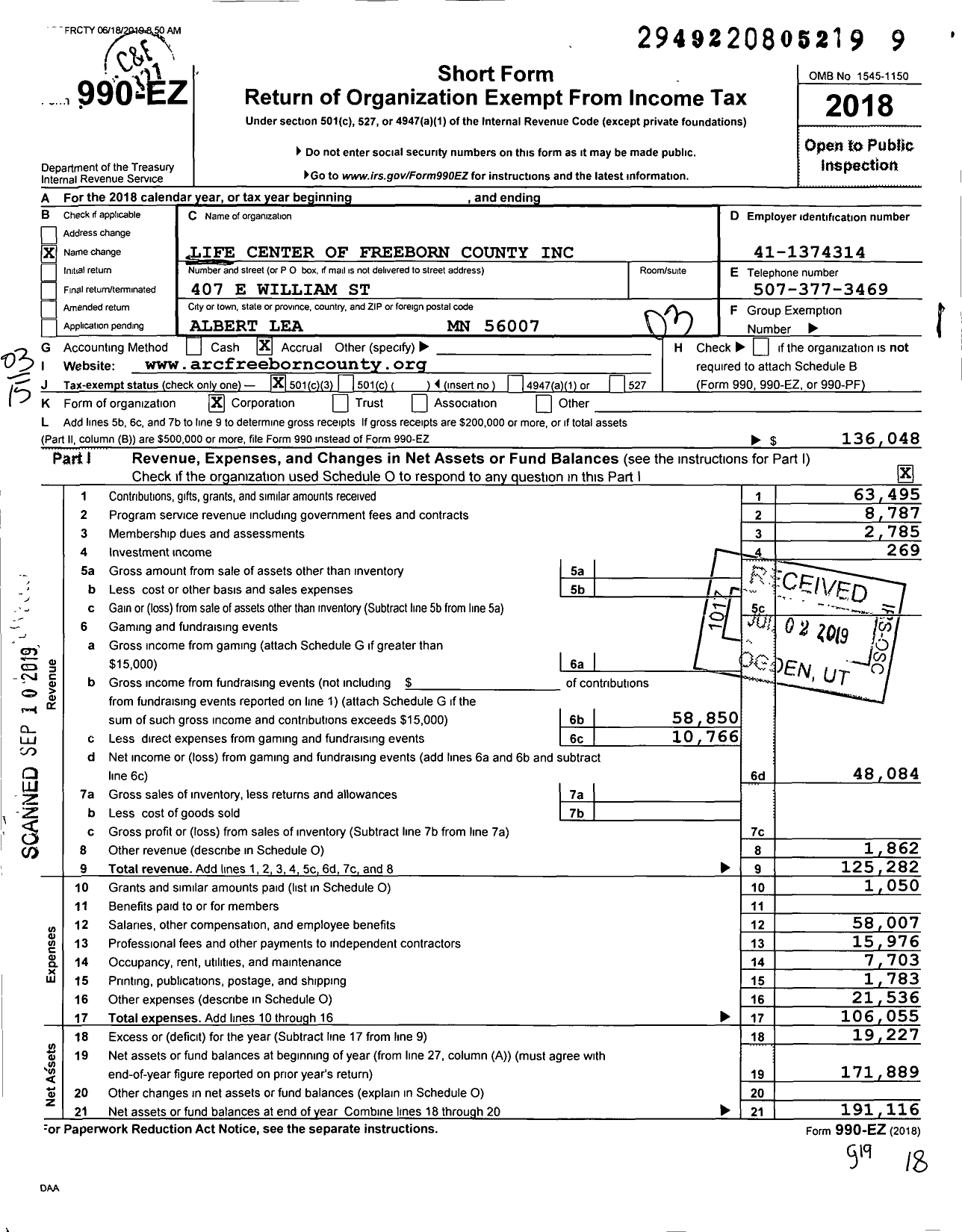 Image of first page of 2018 Form 990EZ for Life Center of Freeborn County