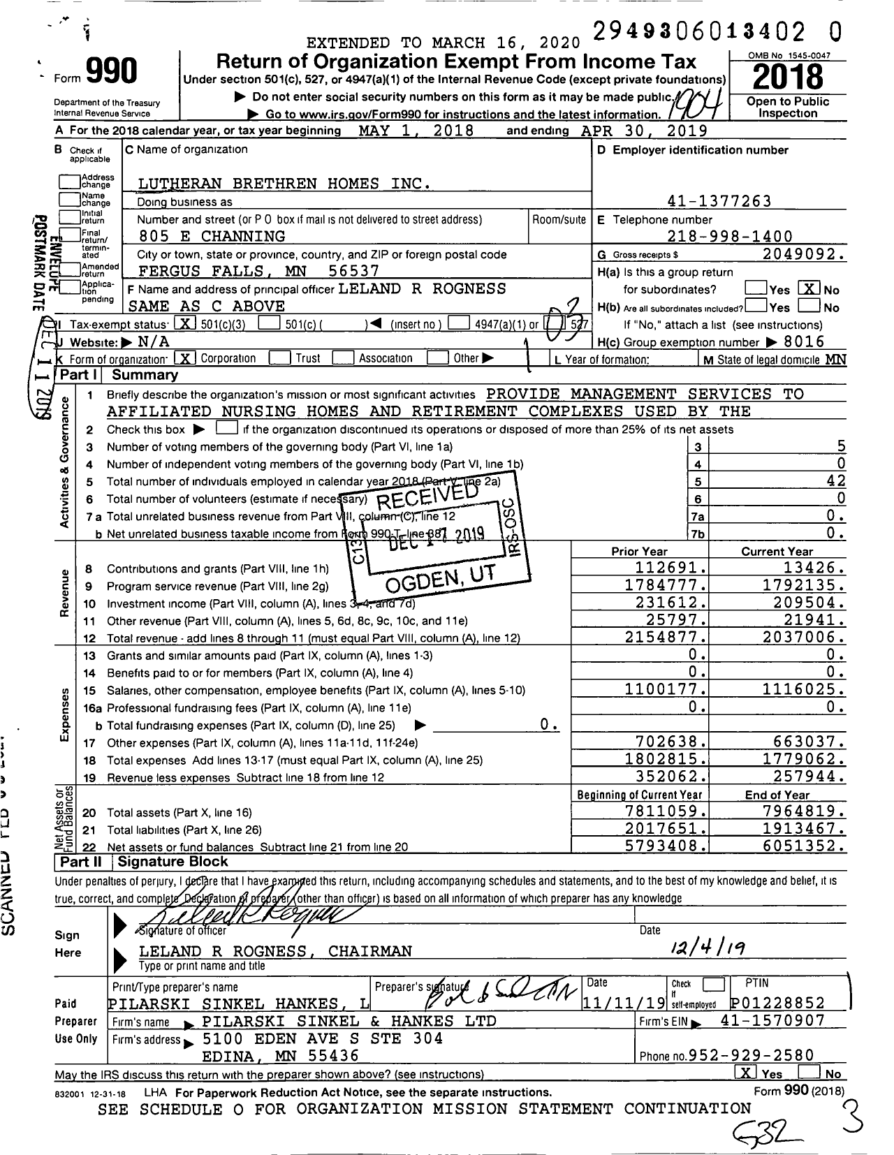 Image of first page of 2018 Form 990 for Lutheran Brethren Homes