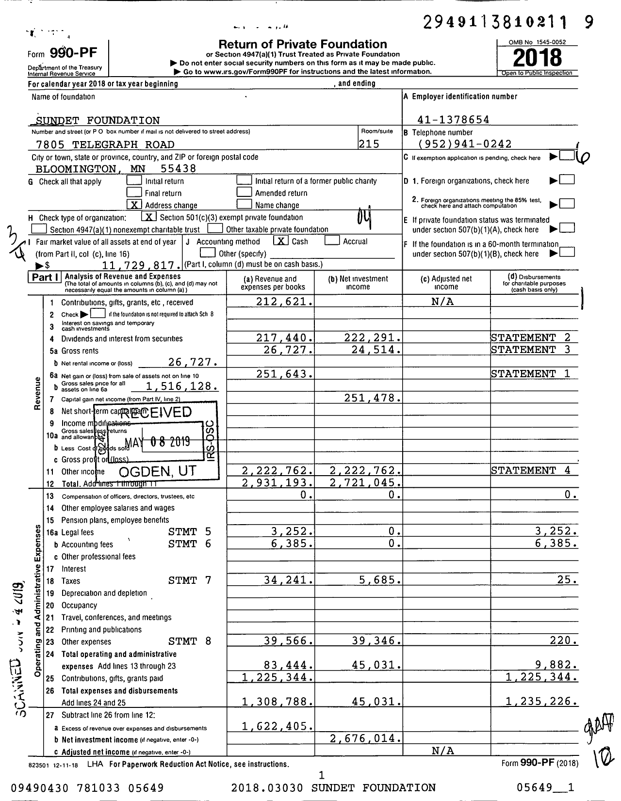 Image of first page of 2018 Form 990PF for Sundet Foundation